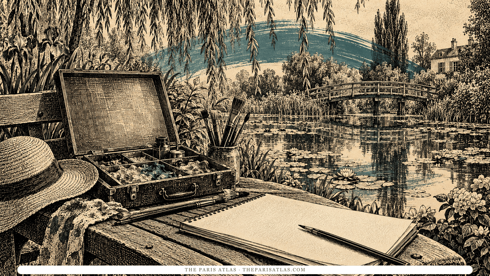 An open paint box and sketchbook beside a garden pond and willow branches.