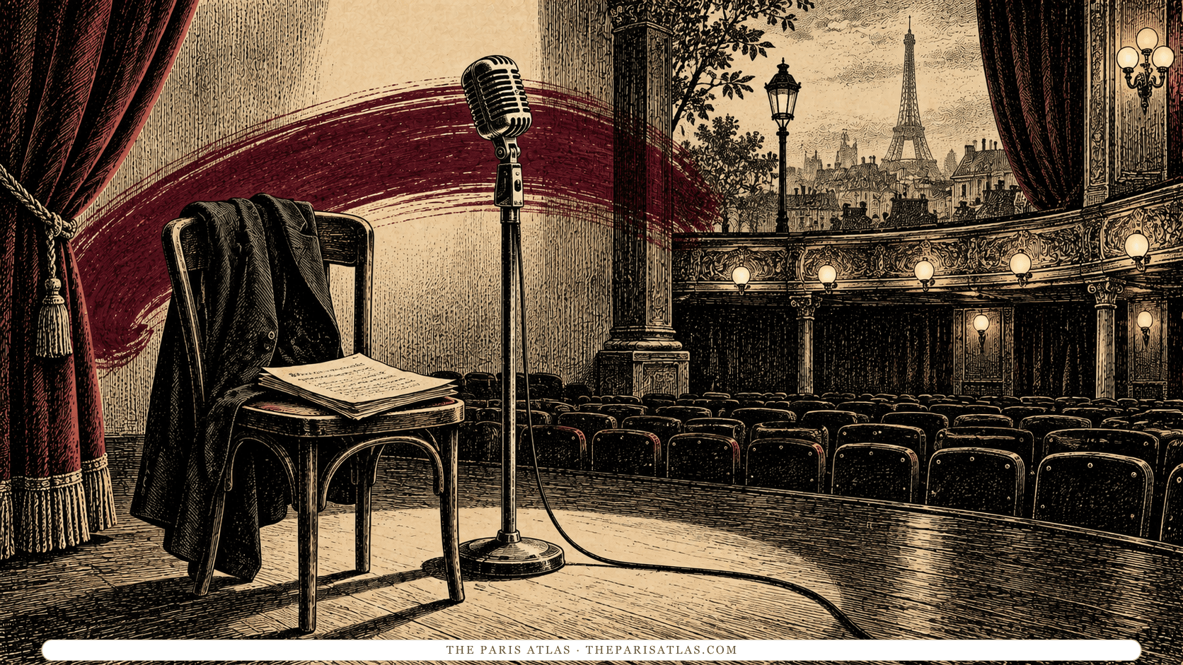 A vintage microphone and empty chair on an intimate music-hall stage.
