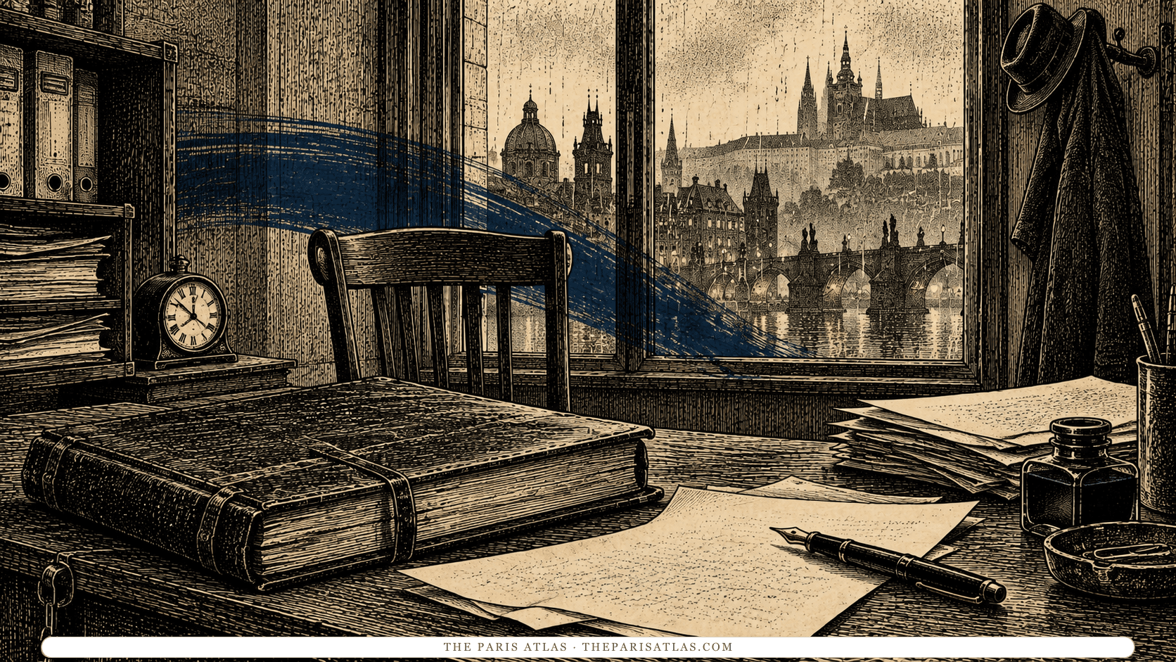 Ledger, pen and an empty chair in an illustrated Prague office.