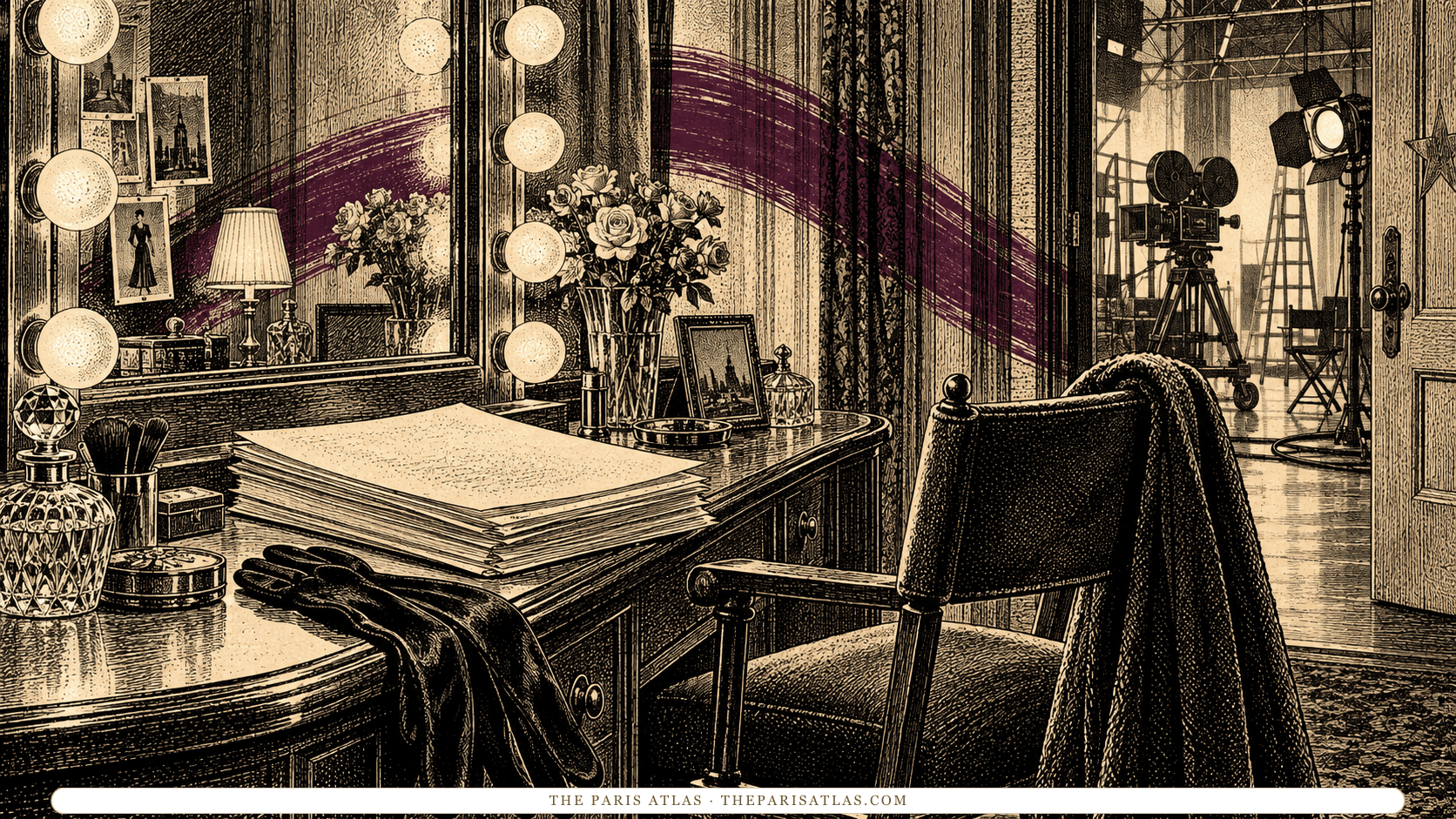 Script pages and gloves on a vanity beneath a studio dressing-room mirror.