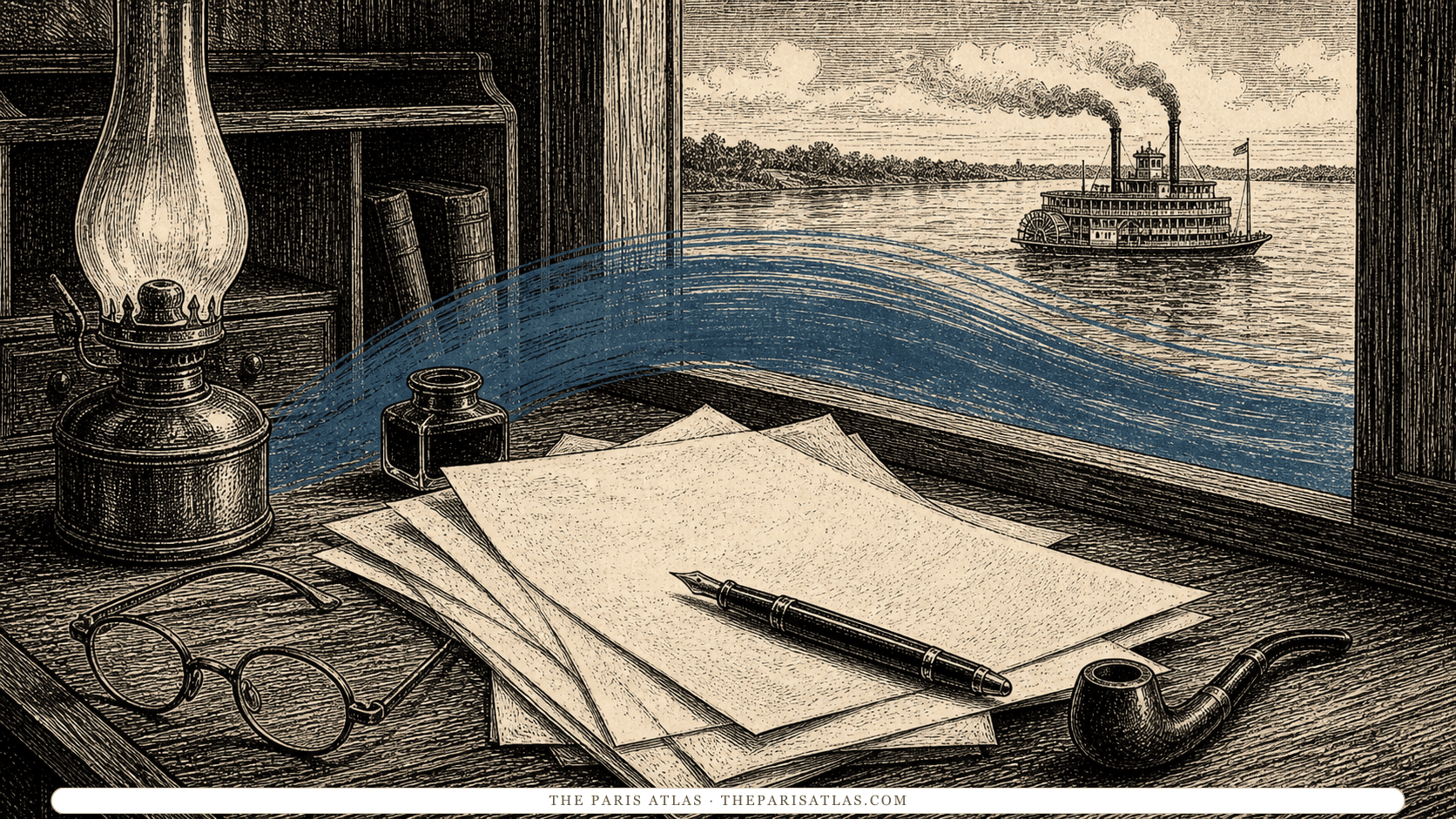 Pen-and-ink illustration of manuscript pages and a riverboat seen from a Mississippi cabin