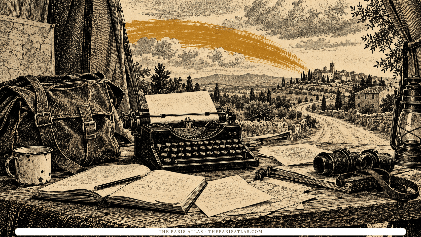 A reporter’s typewriter, notebook and travel bag beside an open road.