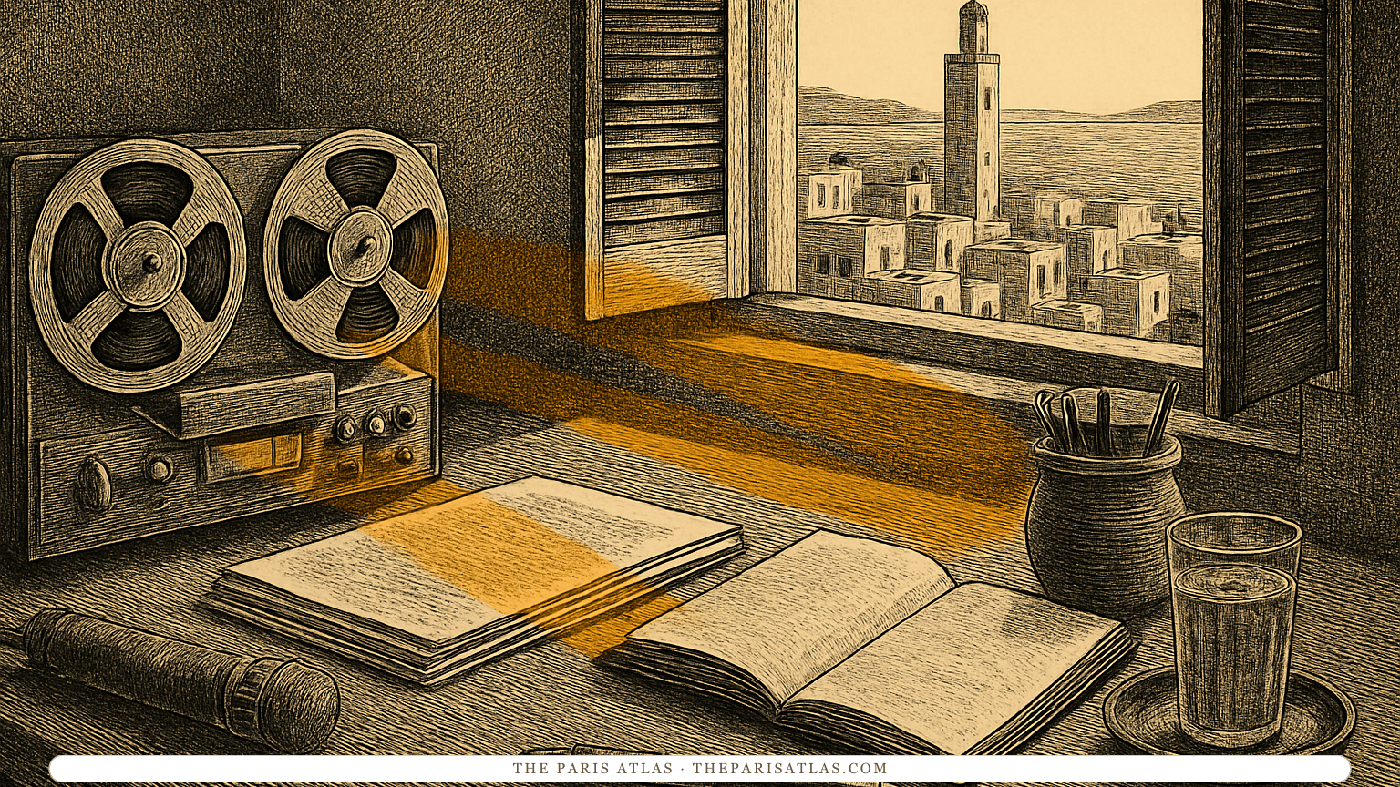 Pen-and-ink illustration of a reel-to-reel tape recorder, a microphone and manuscript pages on a table beside an open window over the Tangier medina.