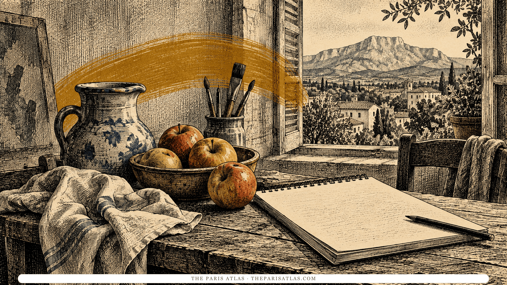 Apples, a ceramic jug and a drawing pad beside a window overlooking a mountain ridge.