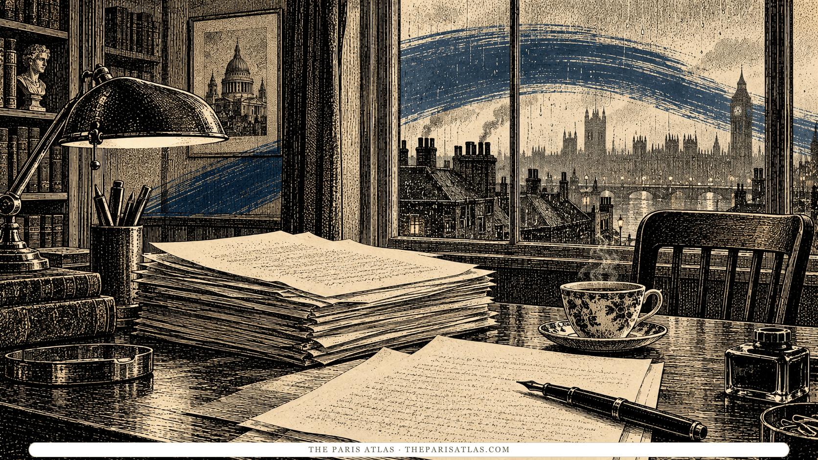 Poetry drafts and a fountain pen in an illustrated London office.