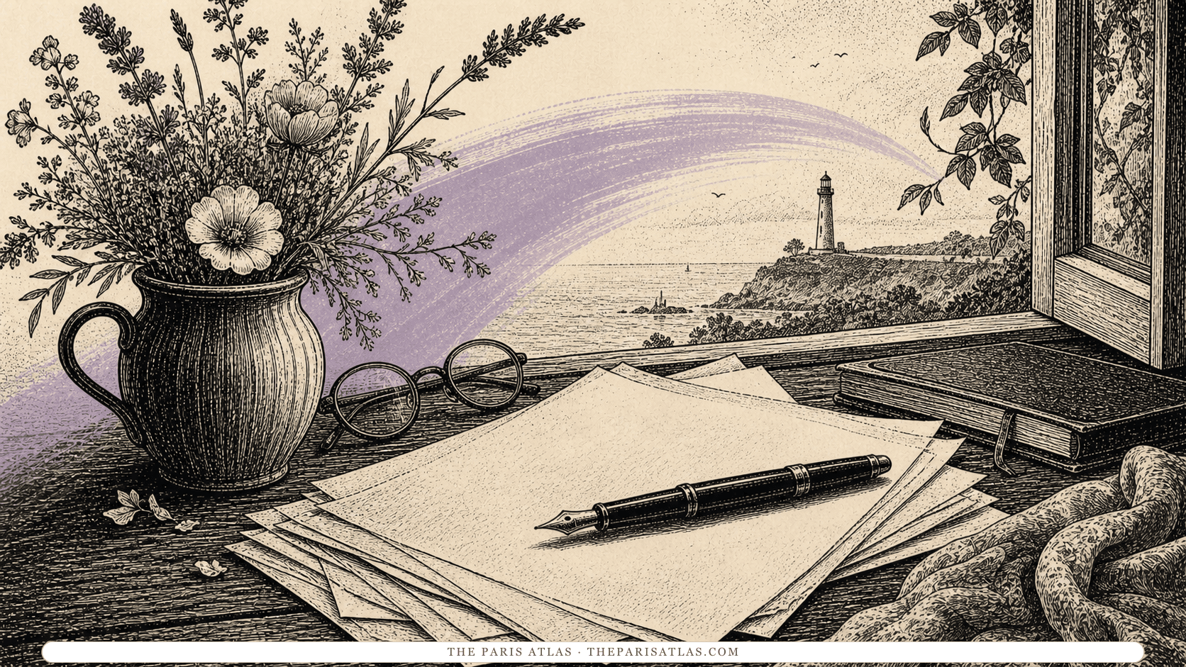 Pen-and-ink illustration of manuscript pages, garden flowers, spectacles, and a lighthouse across the sea