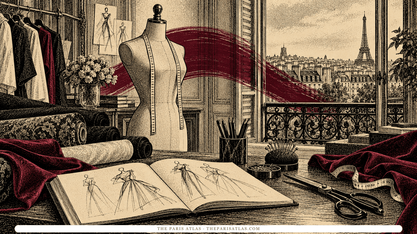 Fabric rolls, tailoring tools and a sketchbook in an illustrated fashion studio.