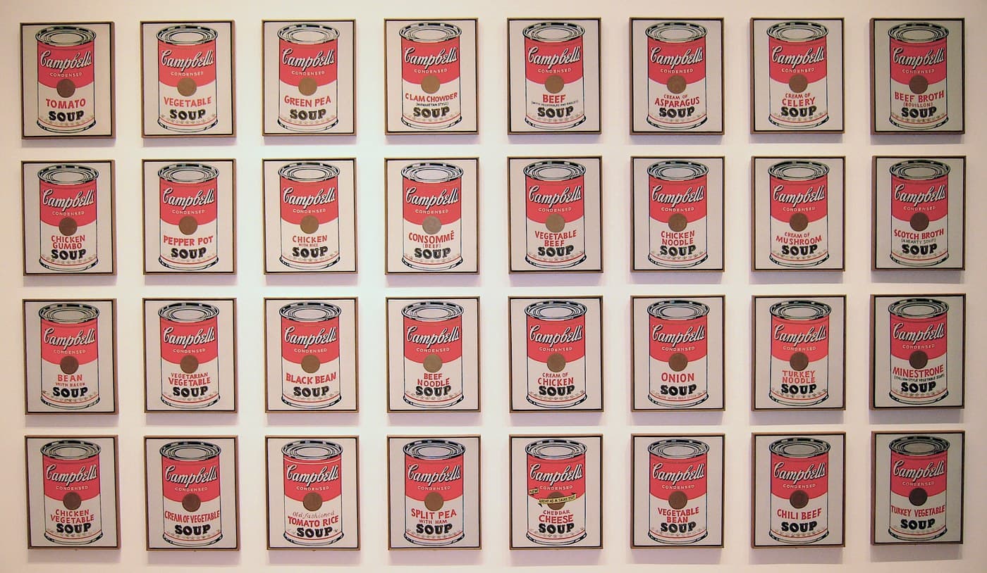 Campbell's Soup Cans as installed at the Museum of Modern Art: thirty-two canvases hung in a grid, each showing a red and white Campbell's tin, the soup names differing from can to can.