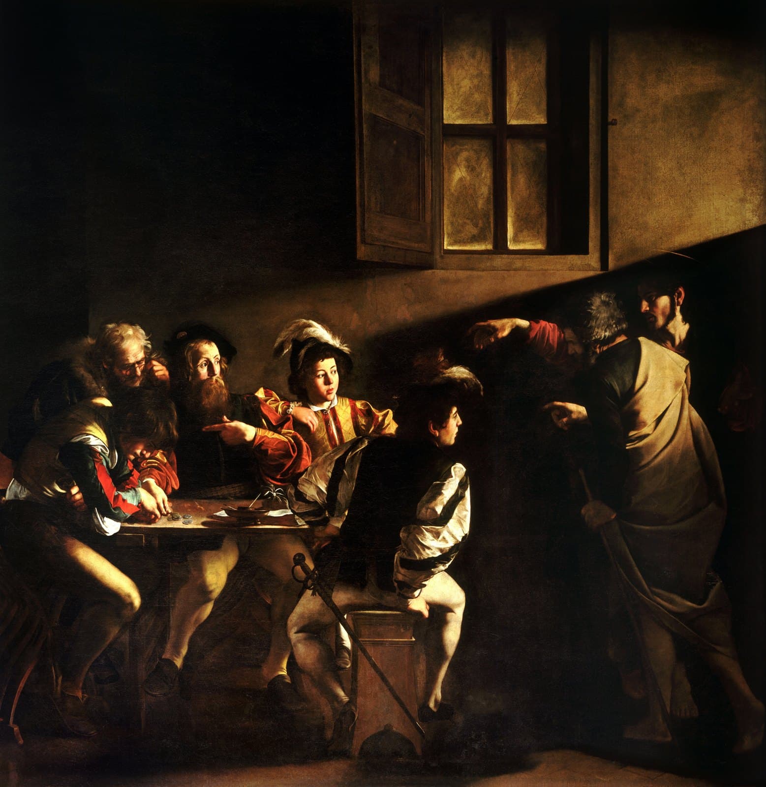 Five men in feathered hats and slashed doublets sit and lean around a wooden table strewn with coins in a dark room. A shaft of light crosses the bare back wall from the upper right, above two barefoot figures who have just entered; the nearer of them stretches out a hand toward the table, and a bearded man at the table points at his own chest