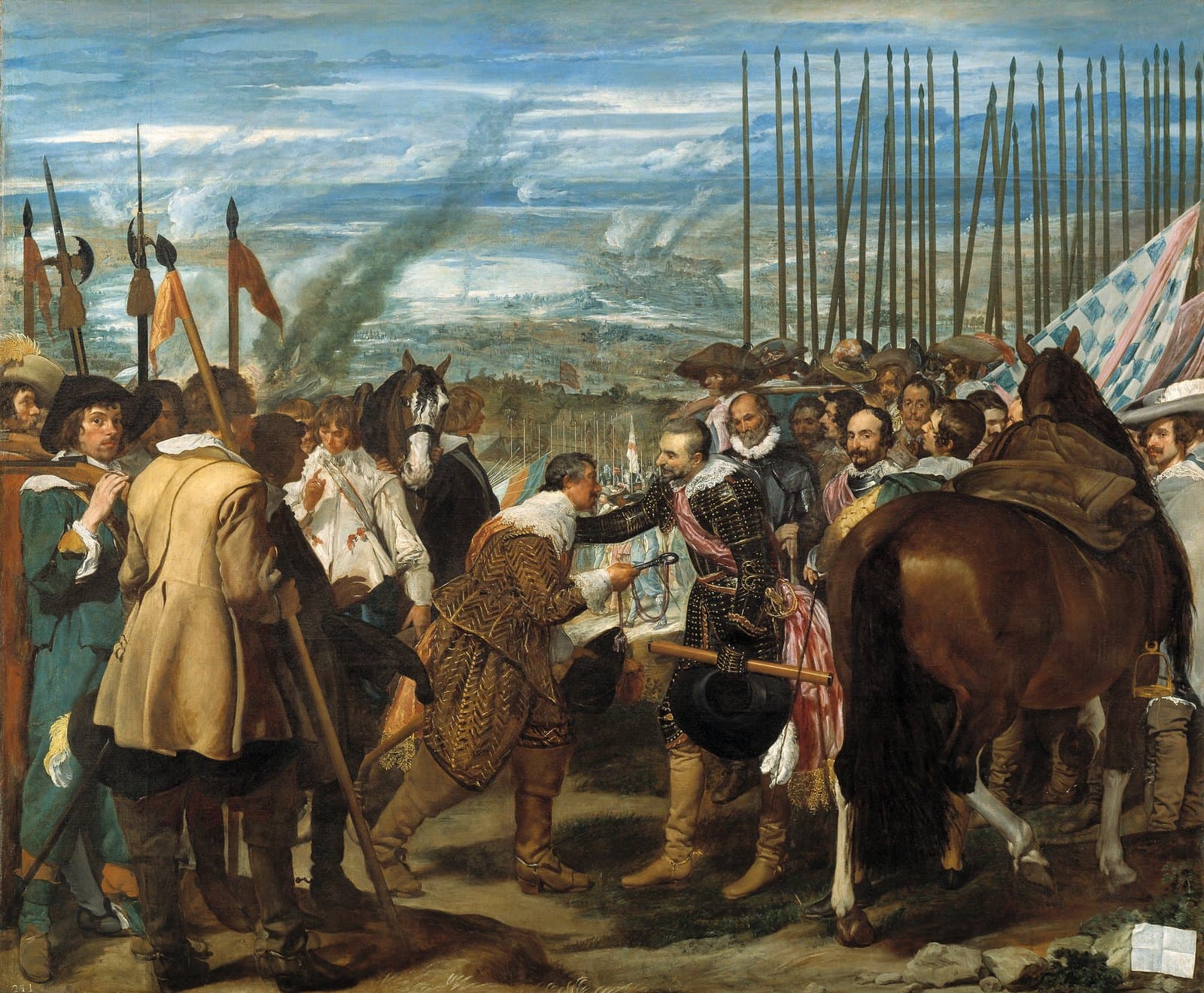 A wide battlefield scene. In the center a bareheaded man in dark armor bends forward to hand a large key to a general in black armor who rests a hand on his shoulder. Behind the man on the left stand Dutch soldiers with a few pikes; behind the general on the right a dense wall of upright Spanish lances fills the sky. A brown horse's hindquarters are in the right foreground, and smoke and flooded flat country stretch into the distance.