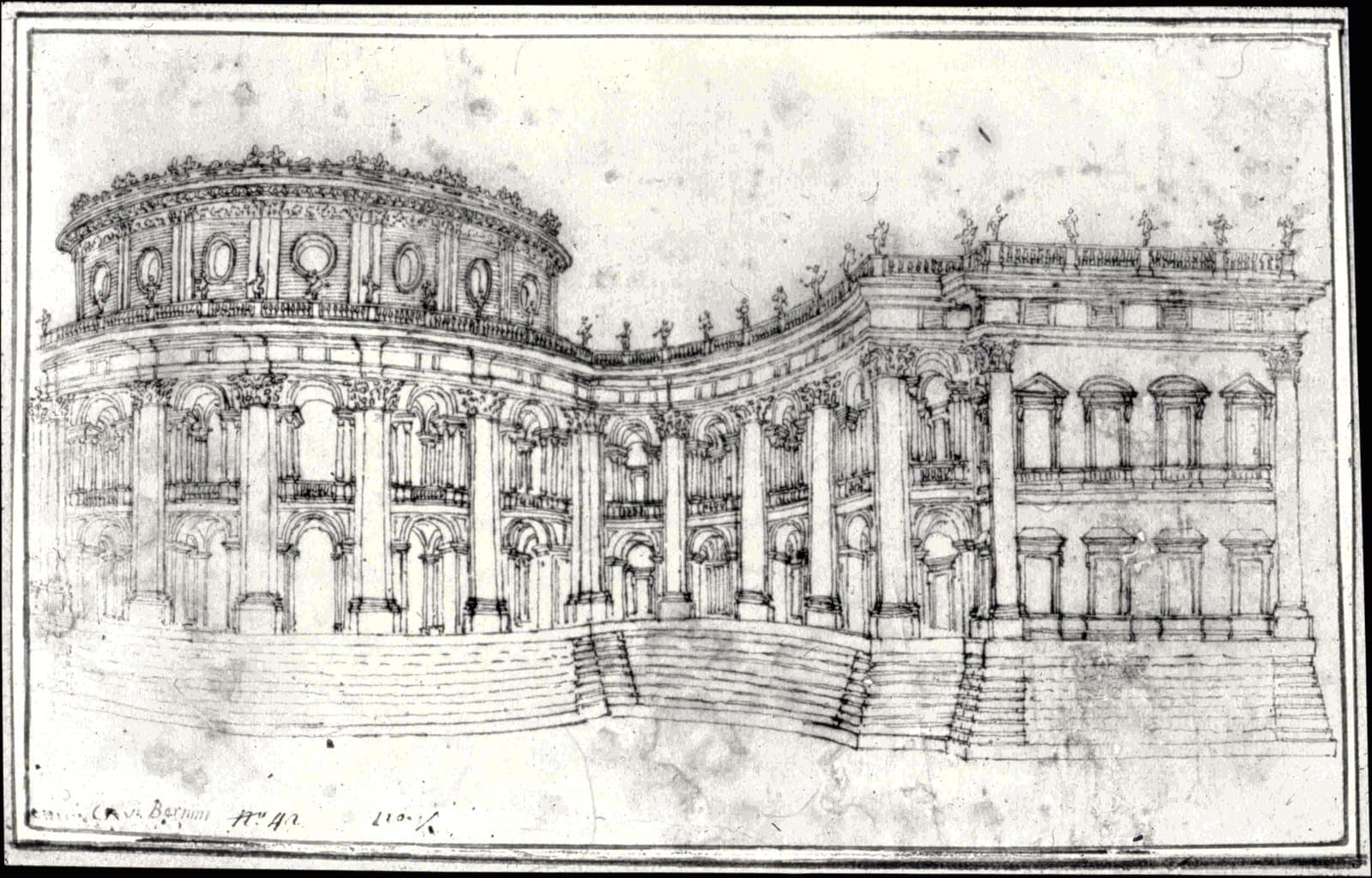 Pen-and-ink perspective view of a long palace front whose center bulges outward in a curve, with two tiers of arches behind tall columns, statues standing along the roofline and a broad flight of steps running the length of the building