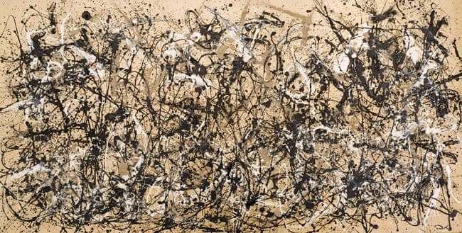 Autumn Rhythm: a wide field of poured black, white and tan lines looping and crossing over bare unprimed canvas, dense in places and open in others, with no central figure.