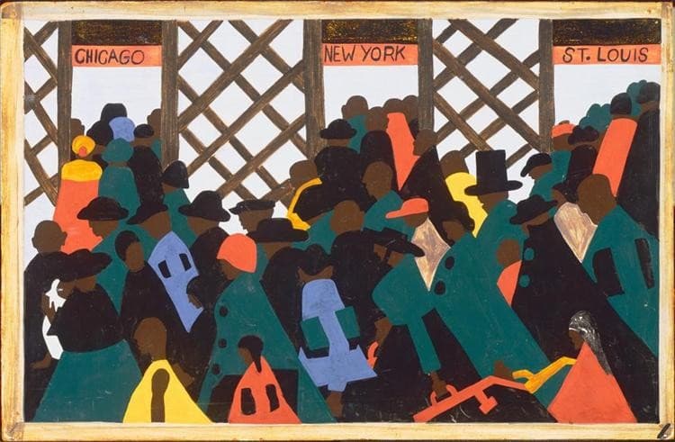 Panel 1 of The Migration Series: a dense crowd of figures in coats and hats pressing toward three ticket gates lettered Chicago, New York and St. Louis, painted in flat blocks of colour with almost no faces shown.
