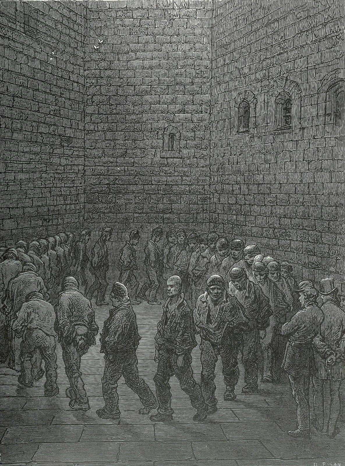 Wood engraving of prisoners walking in a tight ring inside a high stone prison yard, warders standing at the walls