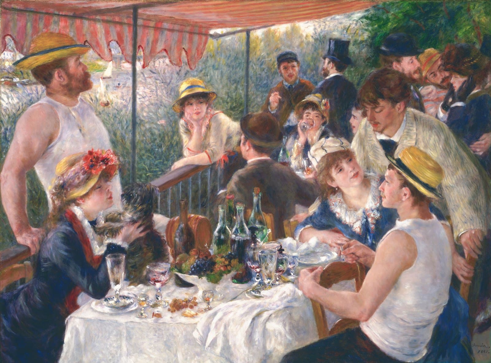 Renoir's Luncheon of the Boating Party: friends around a table of bottles and fruit under a striped awning above the Seine, a young woman at left holding a small dog