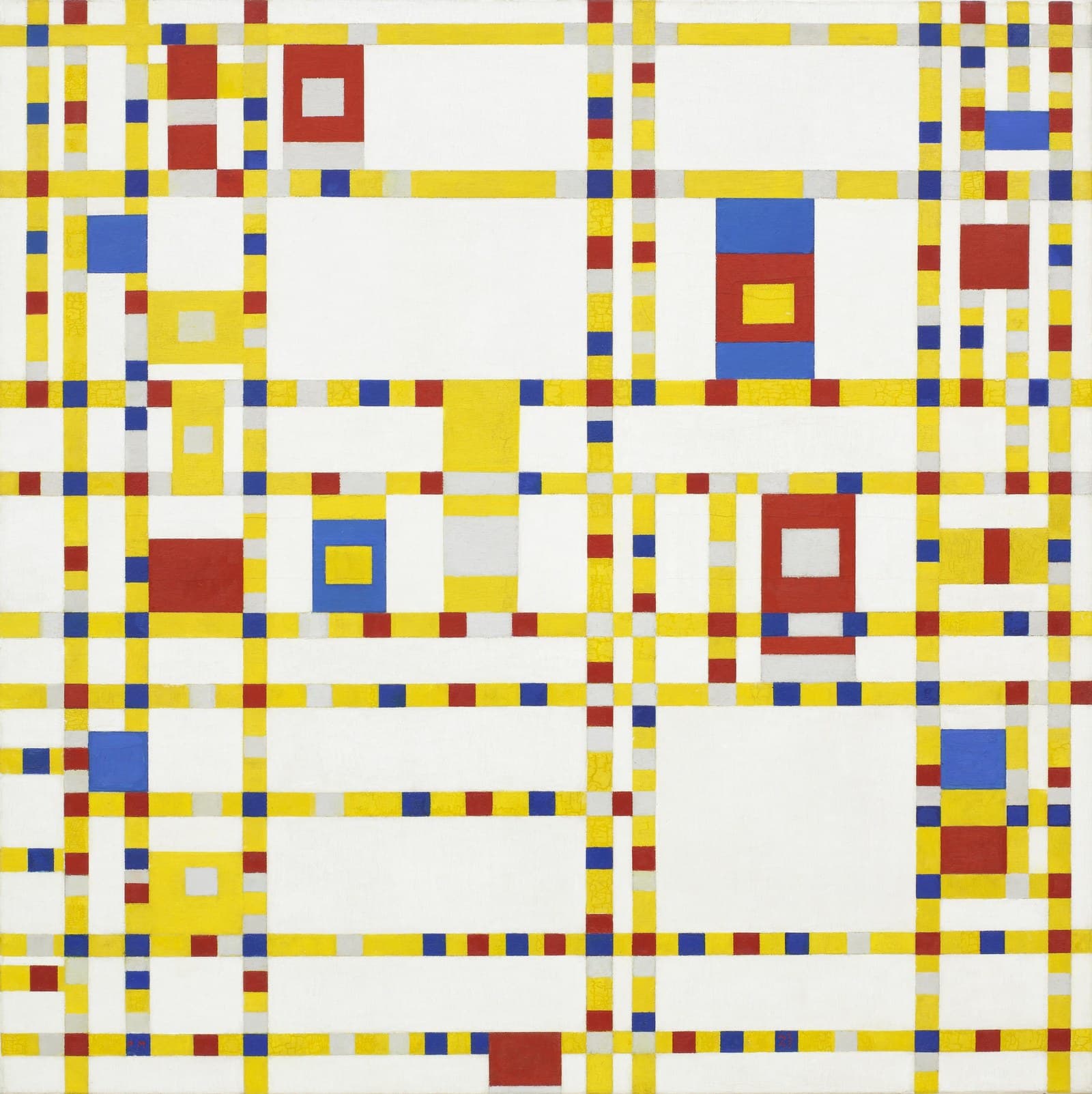 Broadway Boogie Woogie: yellow bands crossing a white square canvas, broken into short blocks of red, blue and grey, with larger pale squares at some of the crossings.