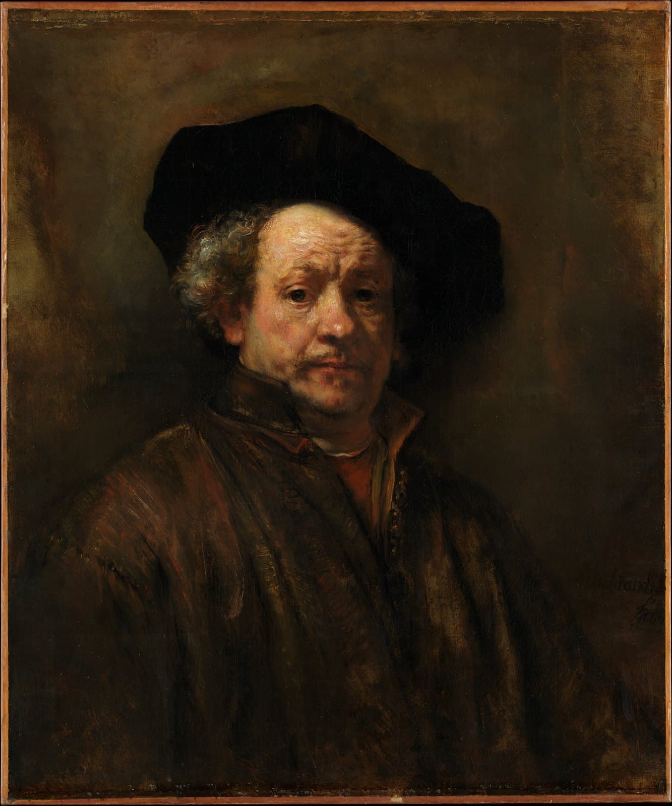 Head-and-shoulders portrait of a man in his fifties with gray curly hair under a wide black beret, a brown coat and a red collar. Light falls from the upper left; the right side of his face is in shadow apart from a small lit patch under the eye. The background is dark brown.