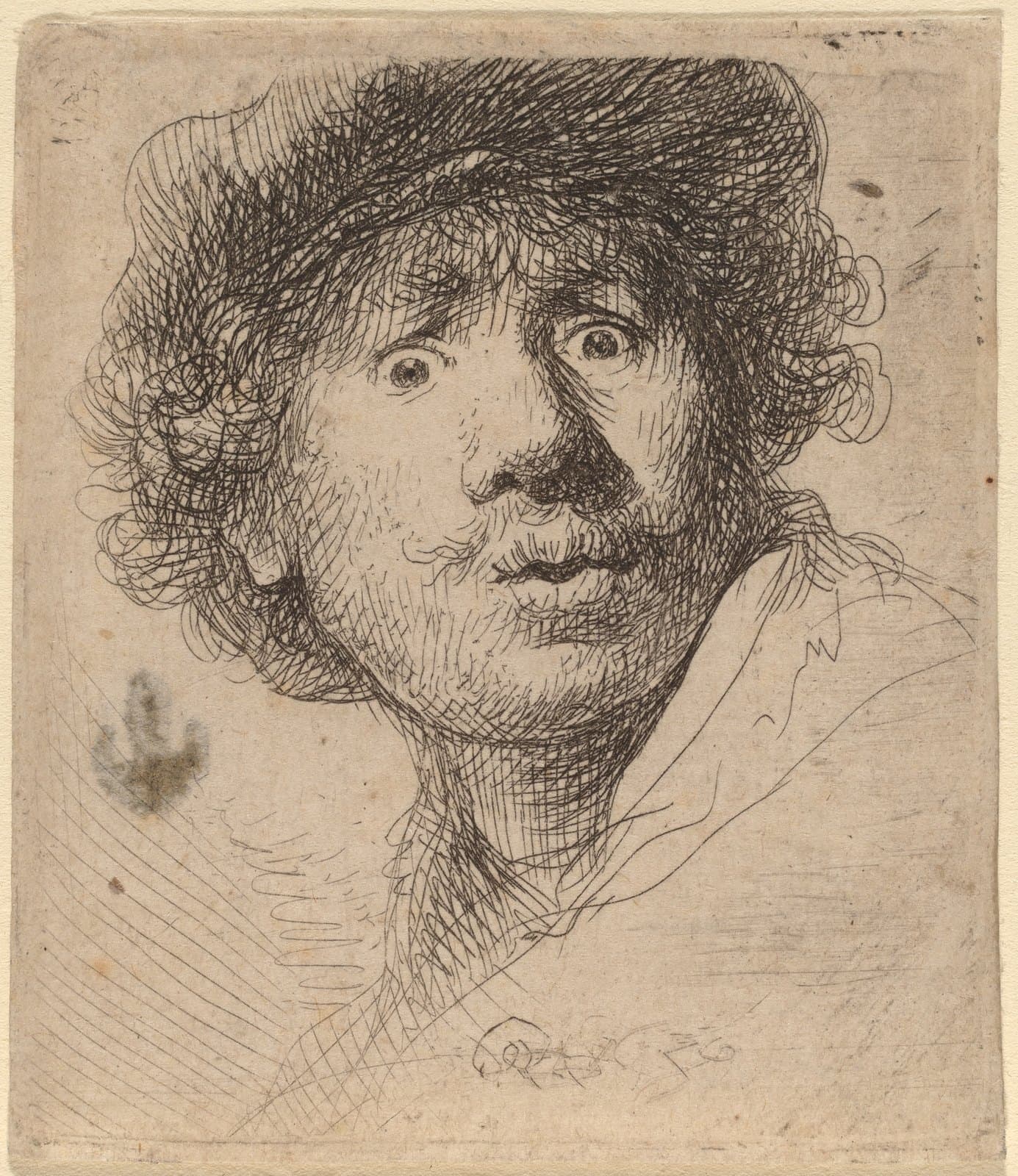 Small etching of a young man's head and shoulders. He wears a soft cap over curly hair, his eyes are wide open and his mouth is open as if startled. The face is built from fine hatched lines on pale paper, with a monogram and the date 1630 at the bottom.