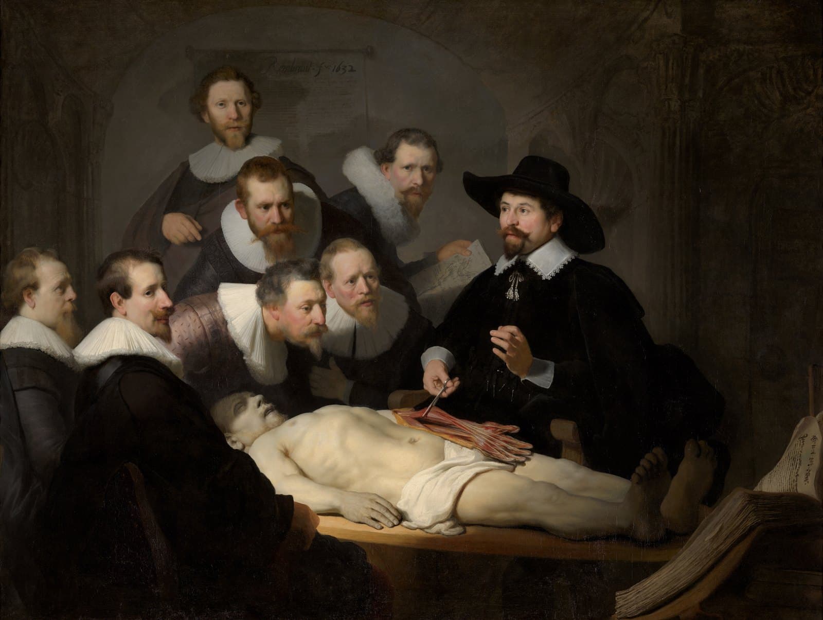 Seven men in black with white ruffs crowd around a pale corpse laid on a table. At the right a man in a wide black hat holds up the tendons of the corpse's opened left forearm with forceps. One man holds a sheet of paper; an open book lies at the lower right. The room behind is dark.