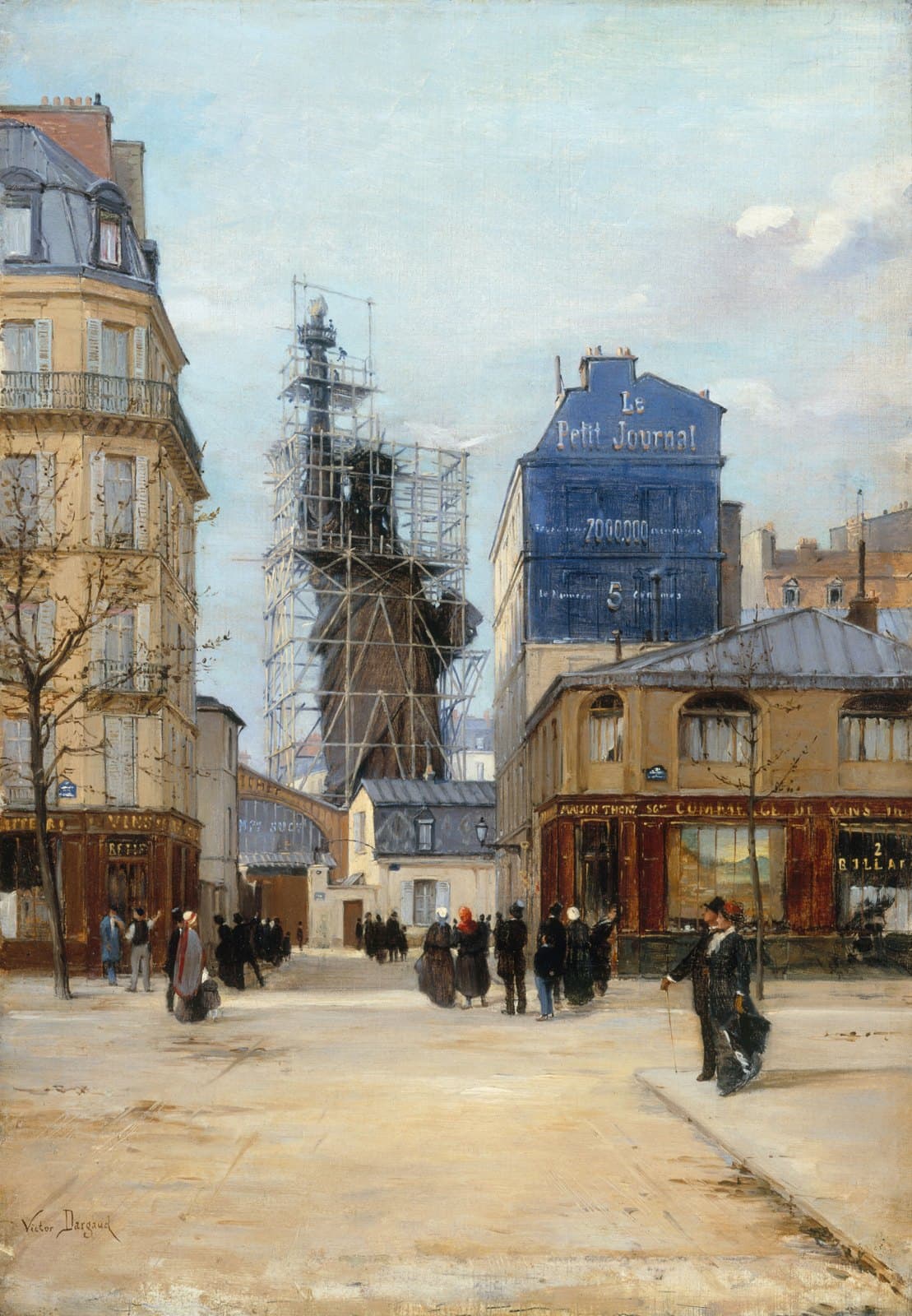 Painting of a Paris street corner in which the Statue of Liberty rises inside a timber scaffold above the rooftops, beside a blue gable painted with an advertisement for Le Petit Journal; passers-by, a wine merchant's shop and bare winter trees fill the foreground
