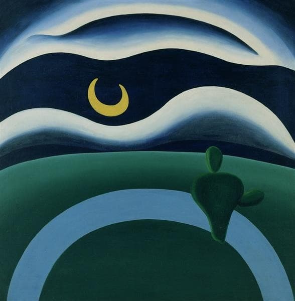 A Lua: a tall green form like a cactus with rounded lobes standing beside a curving blue stream, dark rounded hills and undulating clouds behind it, and a small white crescent moon in a deep blue sky.