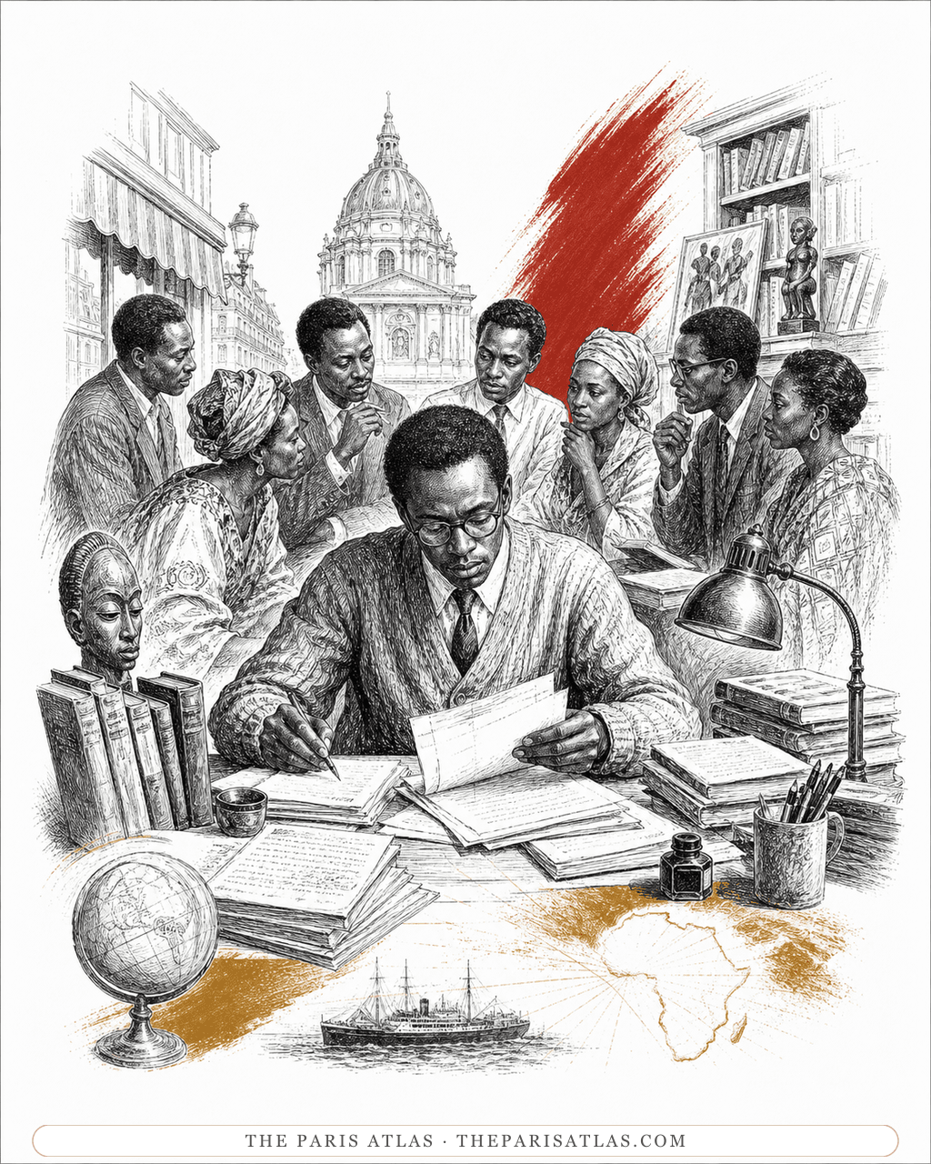 Pen-and-ink illustration of the Présence Africaine bookshop in the Latin Quarter with readers, books and a red-and-gold map motif