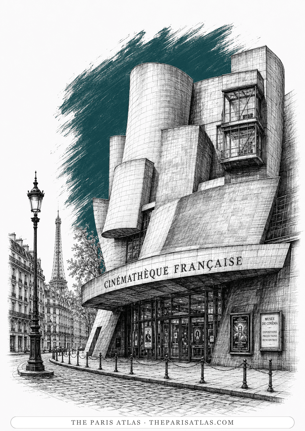 Pen-and-ink illustration of the Cinémathèque française entrance, its canopy lettered with the archive's name beside a board advertising the Musée du Cinéma