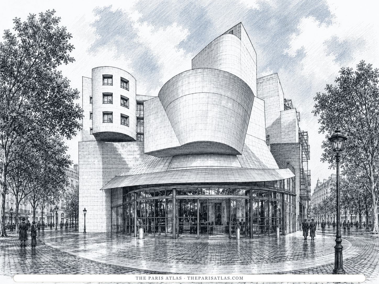 Pen-and-ink illustration of the Cinémathèque française at 51 rue de Bercy, Frank Gehry's building, seen across the paving with its glass entrance rotunda below stacked stone volumes
