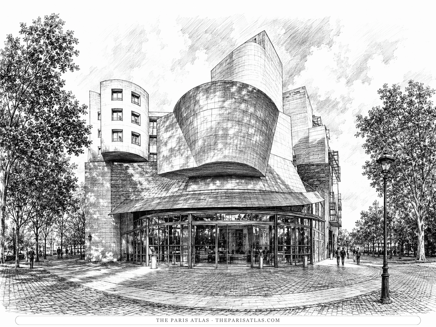 Pen-and-ink illustration of the glass entrance rotunda of the Cinémathèque française, with the stone volumes of Frank Gehry's building rising above it