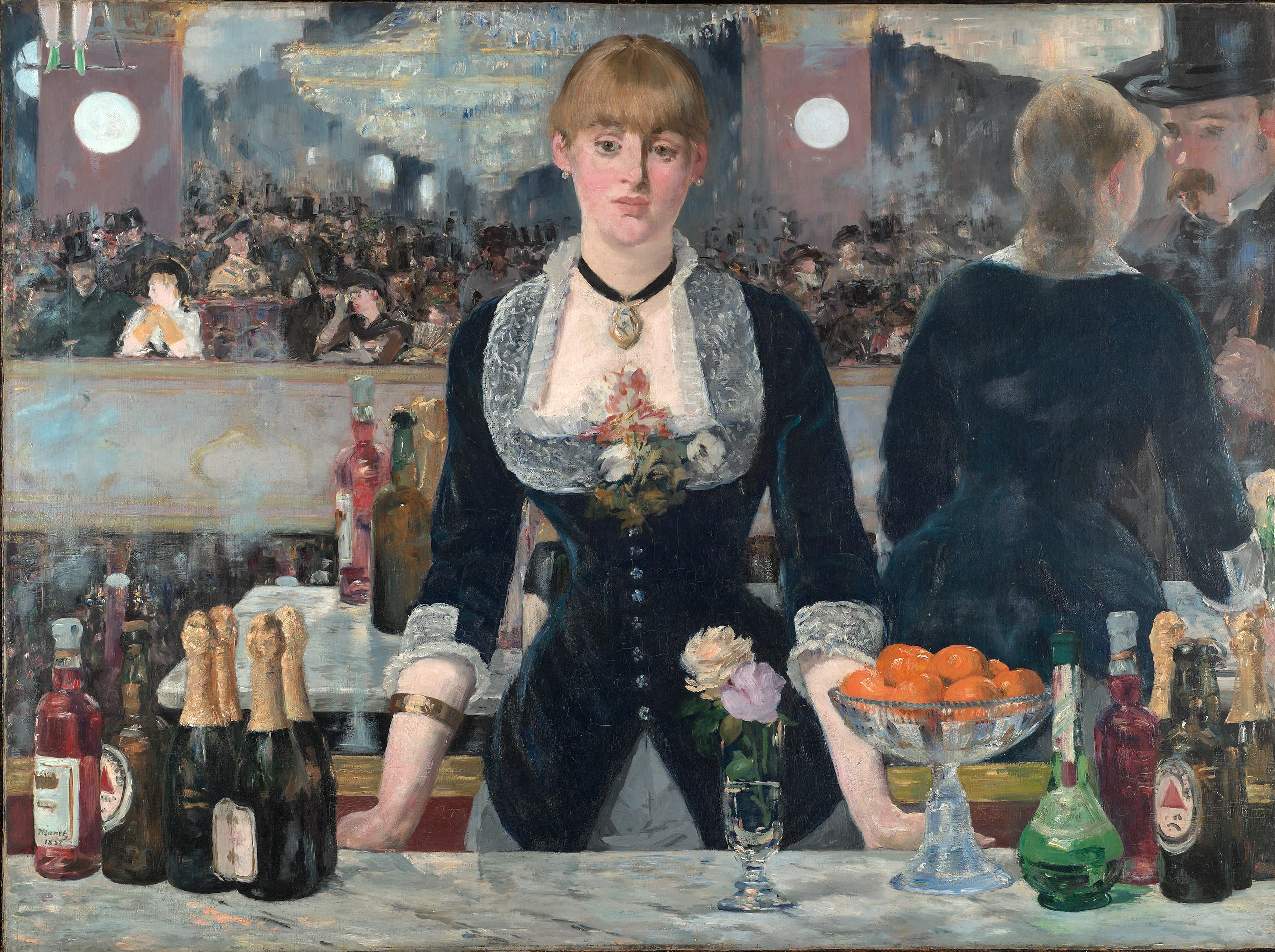 A barmaid behind bottles and fruit, with her back and a crowded audience reflected in a mirror