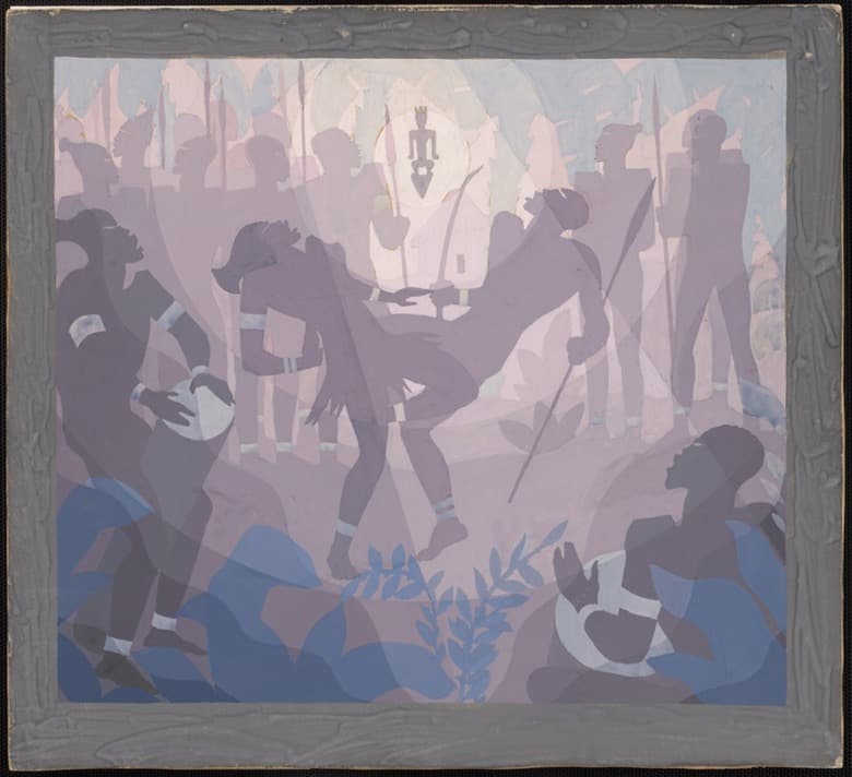A gouache study in violet, plum, grey-mauve and slate blue, photographed inside a grey painted frame. Flat silhouettes in profile fill the sheet: a figure at the left bends over a drum held between the knees, a dancer at the centre throws one leg high and arches backward with pale bands at wrists and ankles, and a carved figure with a headdress stands on a plinth inside a disc of pale light at the top centre. A row of tilted spear points crosses the upper half. A seated figure at the lower left holds a white oval against the body, another at the lower right raises both open palms before a white disc, and two sprigs of pointed leaves grow from a band of cobalt blue at the bottom centre