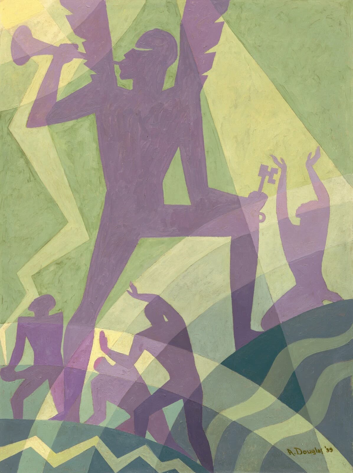 A tall winged figure in flat lilac purple stands with one foot on each of two rounded green hills, body facing forward and head turned in profile with the eye a shallow slit, raising a horn to his lips whose bell reaches the top left corner. A skeleton key hangs from the hand propped on his bent right knee. Four smaller amethyst-purple silhouettes stand behind him, one kneeling with both hands raised, two framed between his legs and one with hands clasped, all looking up. The ground is a field of alternating celery and lime-green bands, with concentric arcs of lemon yellow and pale green in the upper left corner