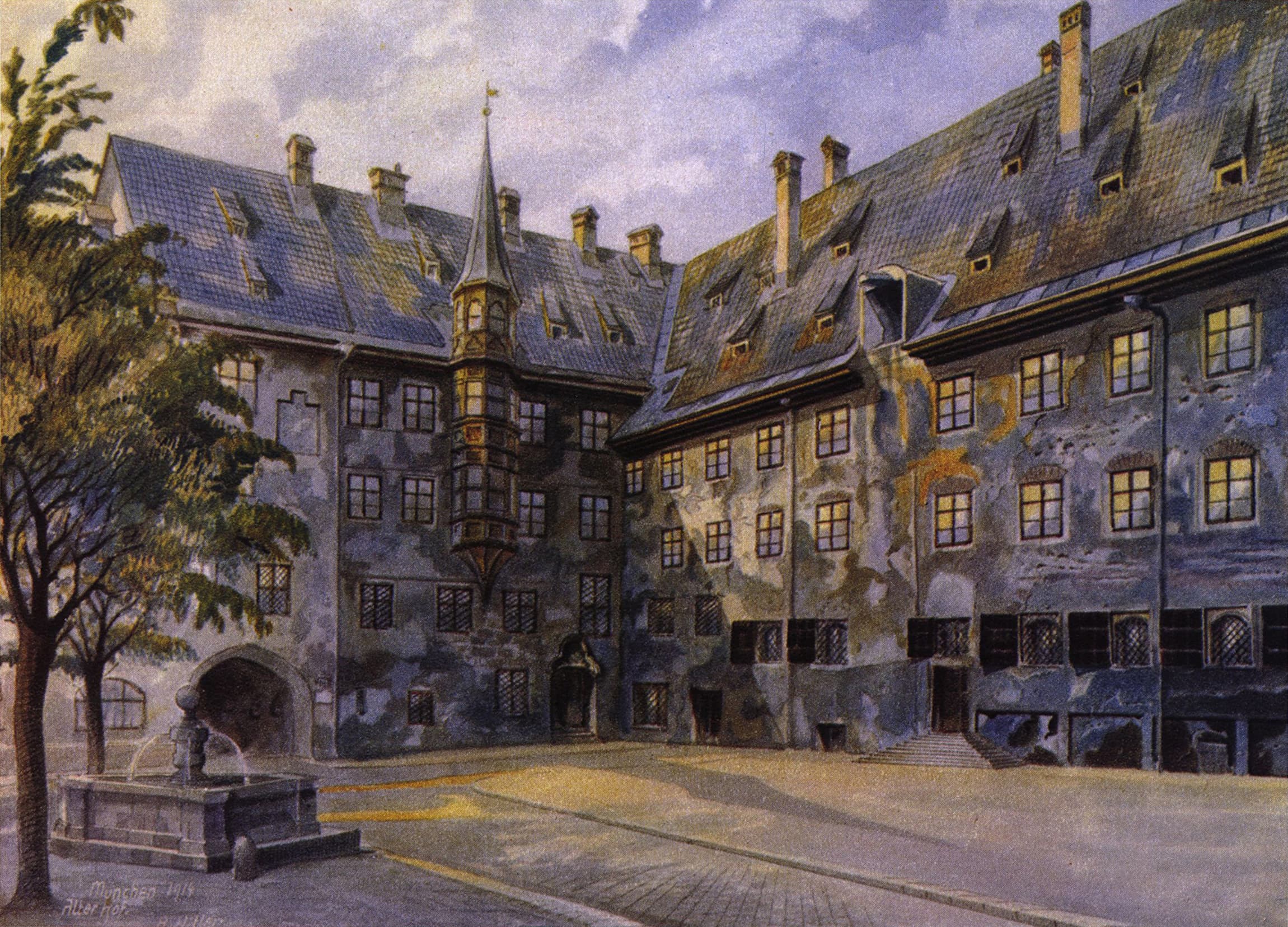 Watercolour of the Alter Hof in Munich: the courtyard of the old ducal residence, its steep-roofed ranges and gabled facades closing around the open yard