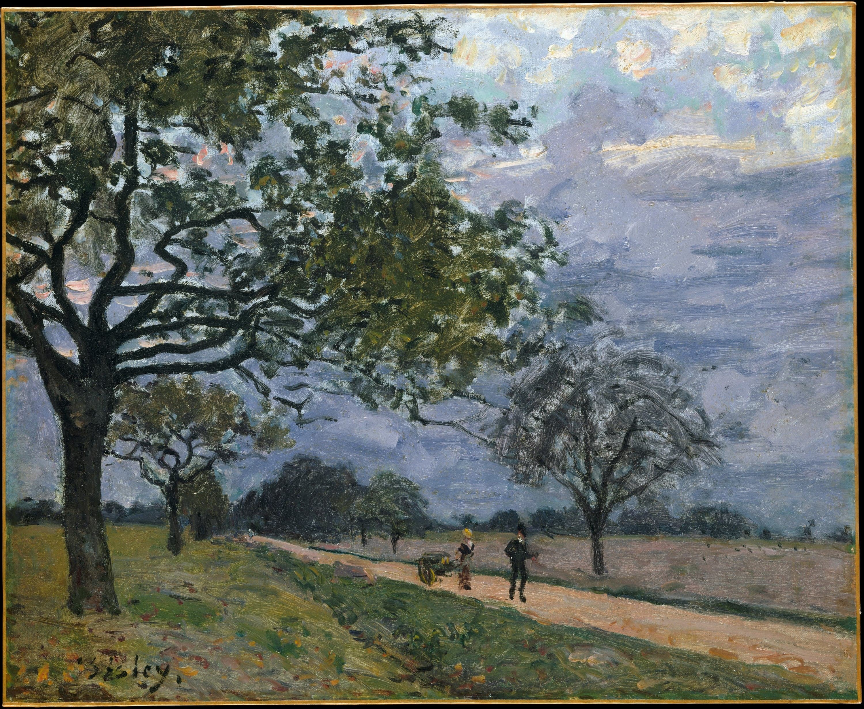 Sisley's The Road from Versailles to Louveciennes: a large dark-leaved tree filling the left of the canvas, a pale road running diagonally out of the lower right corner past a woman with a yellow-wheeled handcart and a man in a dark coat, a flat field of bare pinkish-mauve earth to the right and a lavender-grey sky streaked with cream above