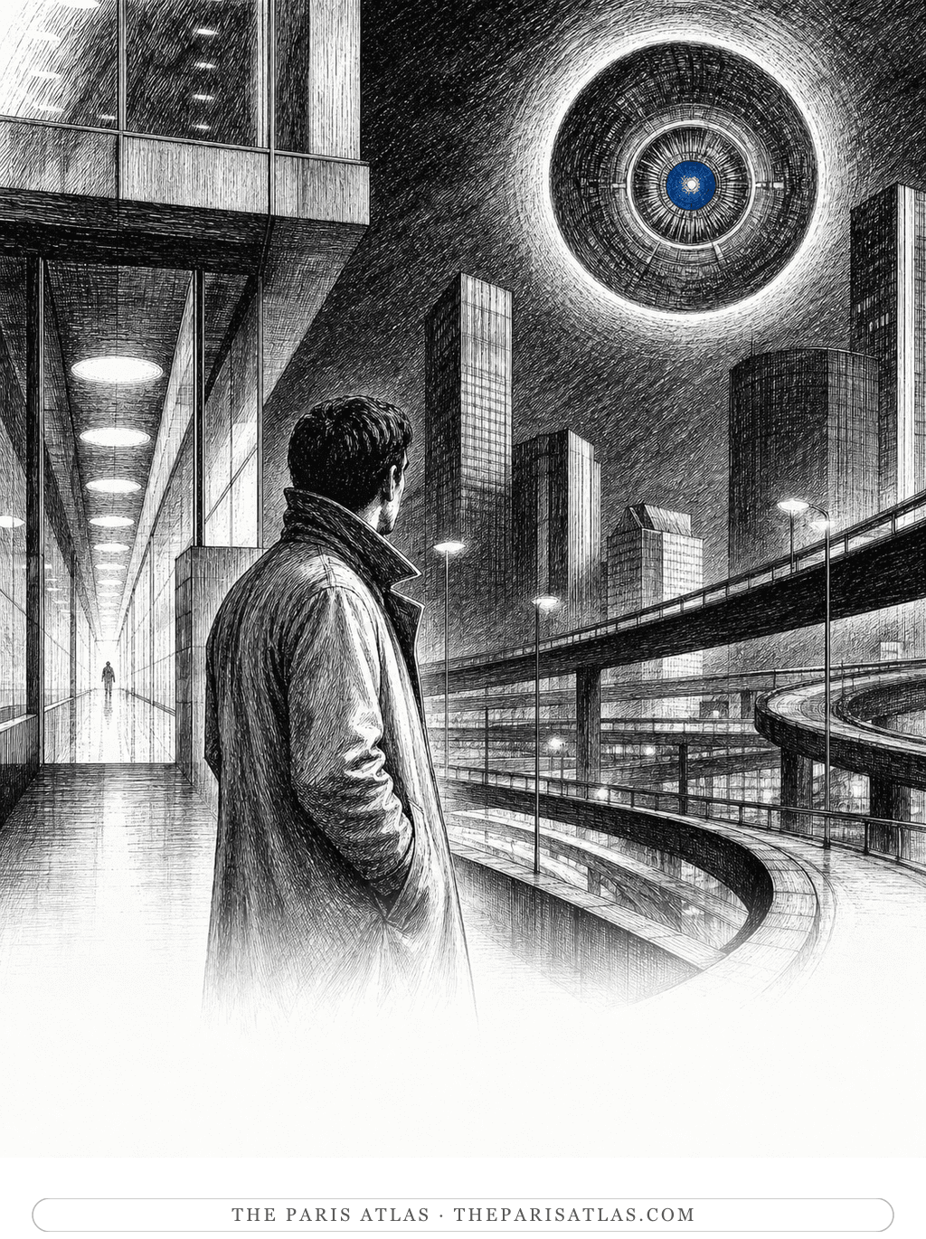 Pen-and-ink science-fiction-noir illustration of an anonymous investigator in a severe modernist night city beneath a glowing circular computer eye, accented in cobalt blue