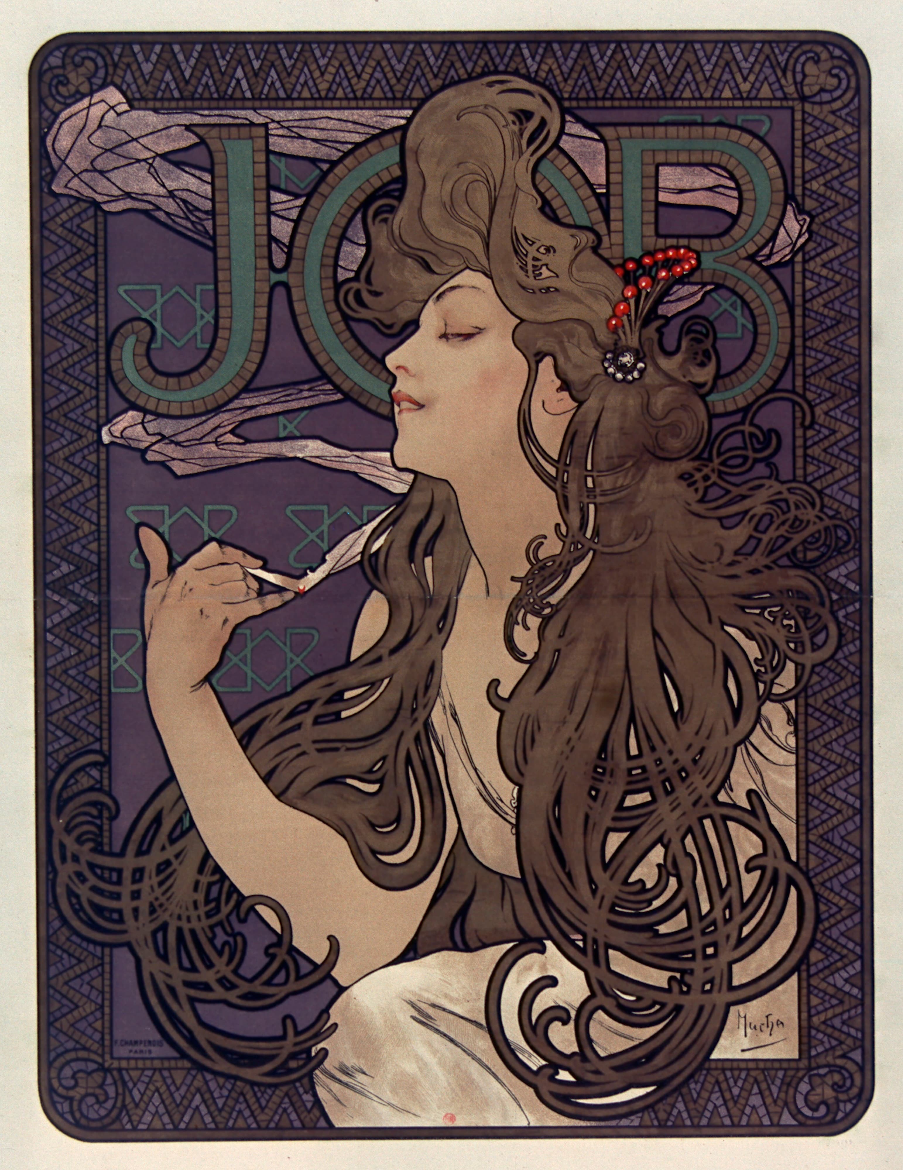 Mucha's JOB poster: a woman in profile facing left with her eyes closed and her head tipped back, holding a lit cigarette in her raised right hand, her olive-brown hair swirling in huge loops across the right half of a violet ground. The letters JOB stand behind her in green outlined with gold mosaic, the JOB monogram repeats in green across the ground, and a dark mosaic border with a gold zigzag frames the sheet