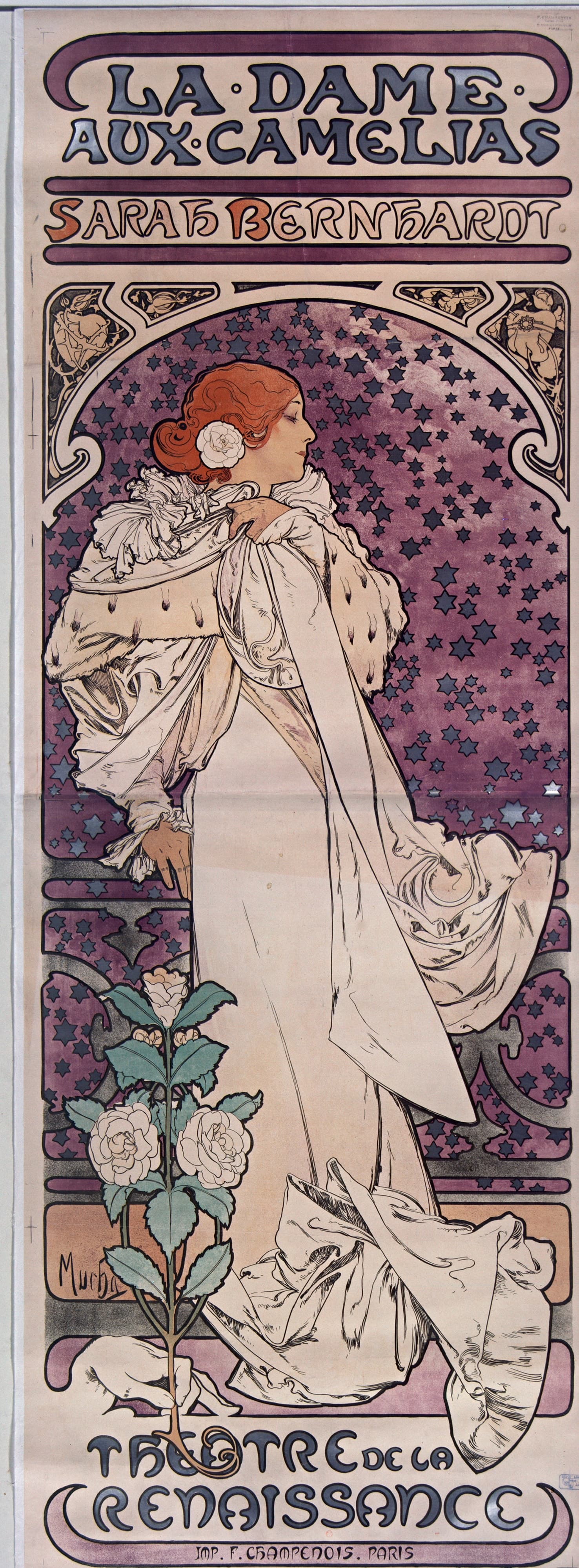 Mucha's La Dame aux Camélias poster: Sarah Bernhardt in profile facing right in a long white gown and a fur-trimmed cape, a white camellia in her red hair, against a mauve ground scattered with gray-blue stars under an arch. LA·DAME·AUX·CAMELIAS and SARAH BERNHARDT are lettered at the top, a hand at lower left holds up a camellia stem with white blooms, and THEATRE DE LA RENAISSANCE runs across the foot above the printer's line IMP. F. CHAMPENOIS. PARIS