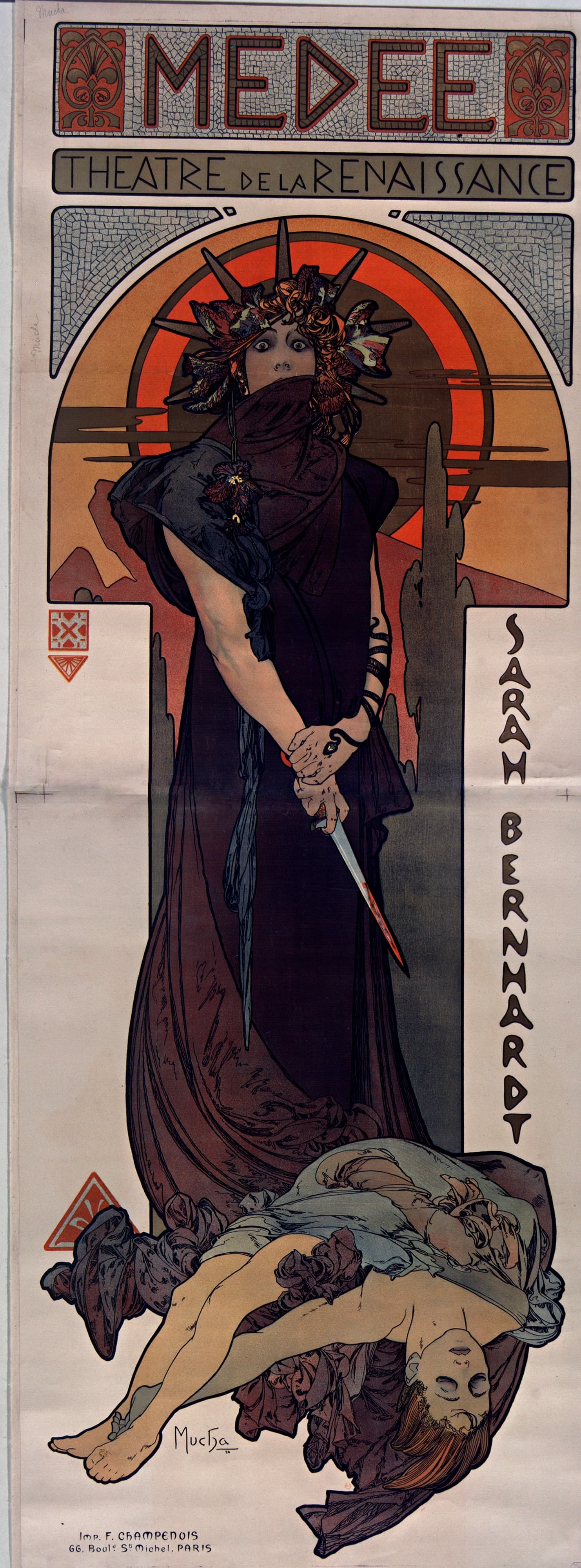 Mucha's Médée poster: Sarah Bernhardt standing full length in a dark robe with a dark veil across her mouth, wide eyes, and a crown of dark spikes, holding a bloodied dagger point-down in her clasped hands with a snake coiled on her forearm; a dead child in blue-gray drapery lies at her feet. An orange-red sun sits inside a gray mosaic arch behind her head, MEDEE is lettered across the top, THEATRE DE LA RENAISSANCE in the band below it, and SARAH BERNHARDT runs vertically down the right margin