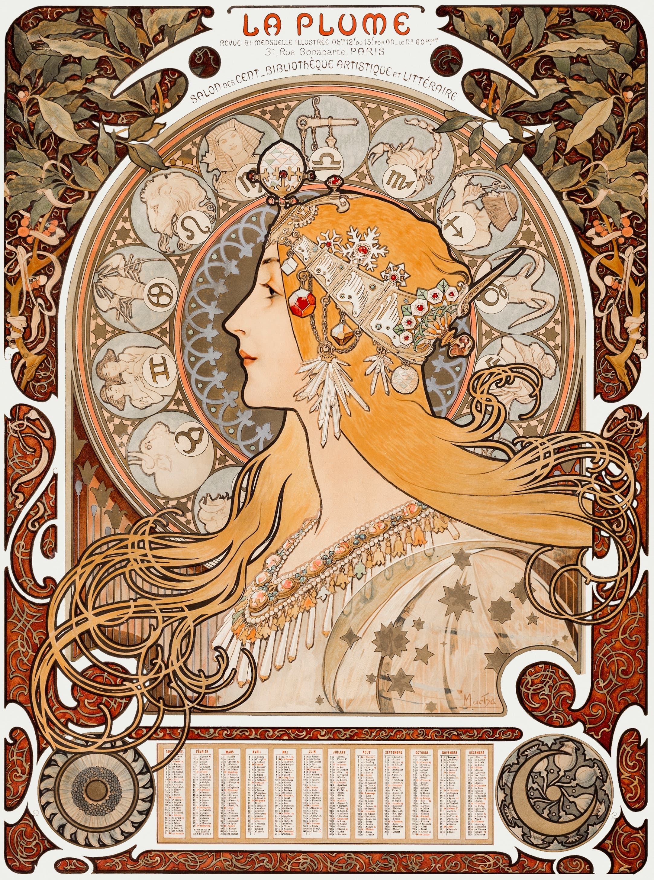 Mucha's Zodiac, the La Plume version: a woman in profile facing left with red-gold hair and a jeweled headdress inside a halo ringed with twelve roundels of zodiac signs, laurel branches in the upper corners and a dark red scrollwork border. LA PLUME is lettered in red at the top with the magazine's address at 31 rue Bonaparte, and a twelve-column calendar for 1897 runs across the foot between a sun roundel and a crescent moon