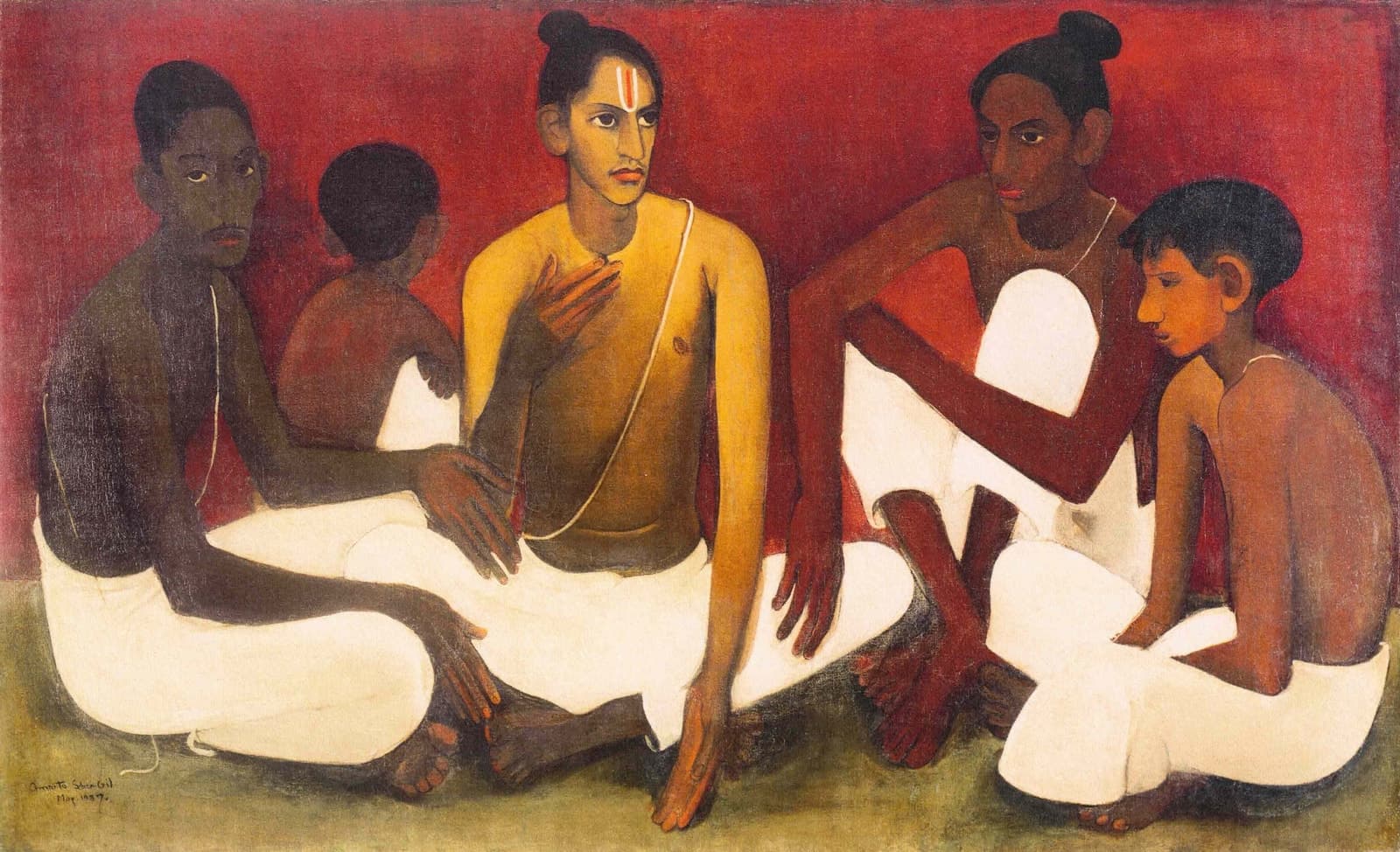 Five young men and boys in white dhotis sit on a grey-green ground against a flat red wall. From the left: a very dark young man cross-legged with his hands on his knee; a boy seen from behind; a golden-skinned young man in the centre with a topknot, a white and red mark on his forehead, a white thread across his chest and his right hand raised to it; a dark-brown young man hugging his drawn-up knees; and a boy in profile at the far right. The signature and date are in black at the lower left