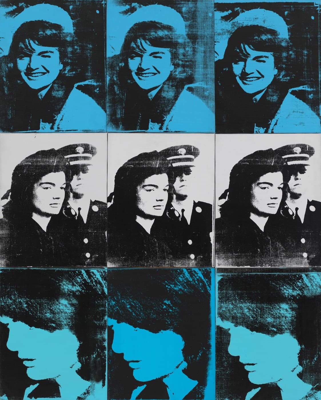 Nine canvases butted together in three rows of three. The top row shows Jacqueline Kennedy smiling in black on turquoise, with a shoulder and part of a second head behind her at the right. The middle row, on a light neutral grey, shows her in front of a man in a military peaked cap whose black tunic keeps only round white voids for buttons. The bottom row shows her head in left profile, the face a flat turquoise silhouette against black scrubbed into diagonal streaks at the top right of each panel