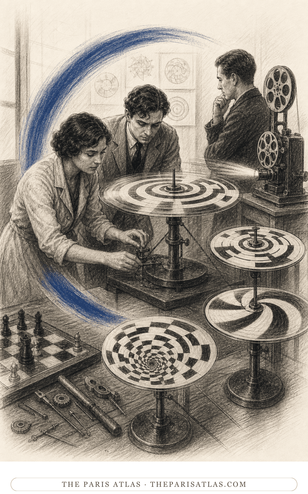 House editorial illustration for Anémic Cinéma: three adult technicians adjust invented rotating optical discs in a film workshop with a projector, tools, and chessboard.