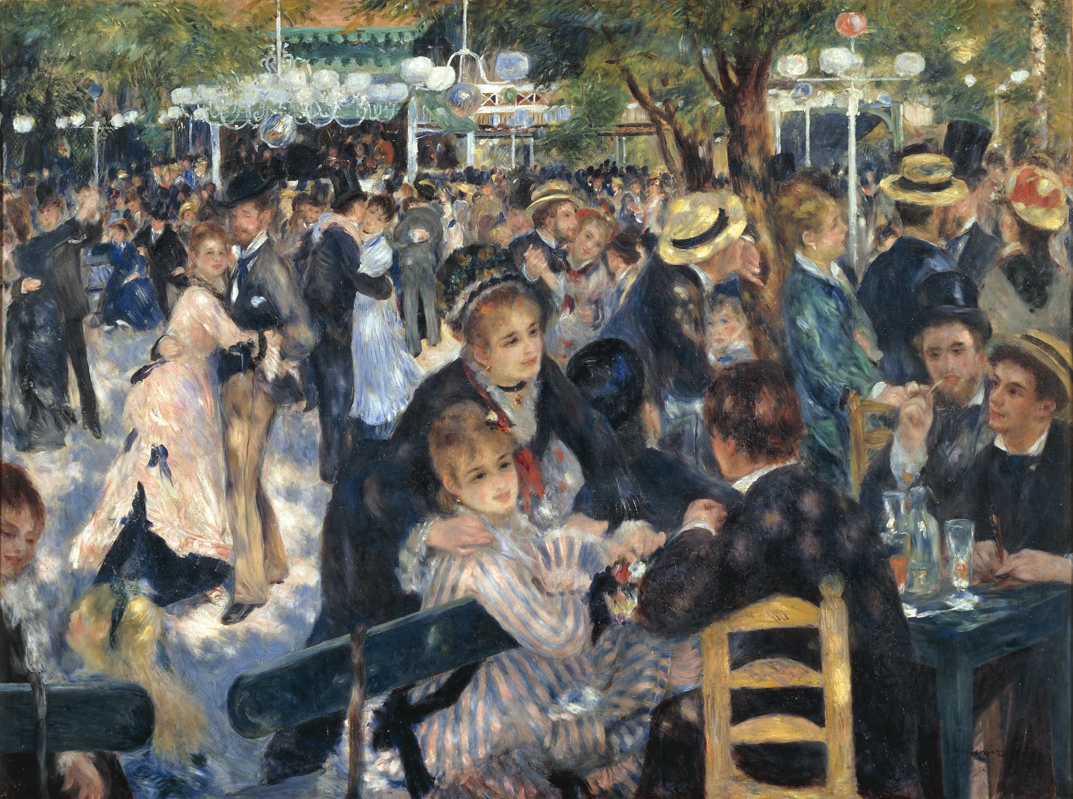 Dancing couples under trees, with people seated at a table and pale sunlight across their clothes