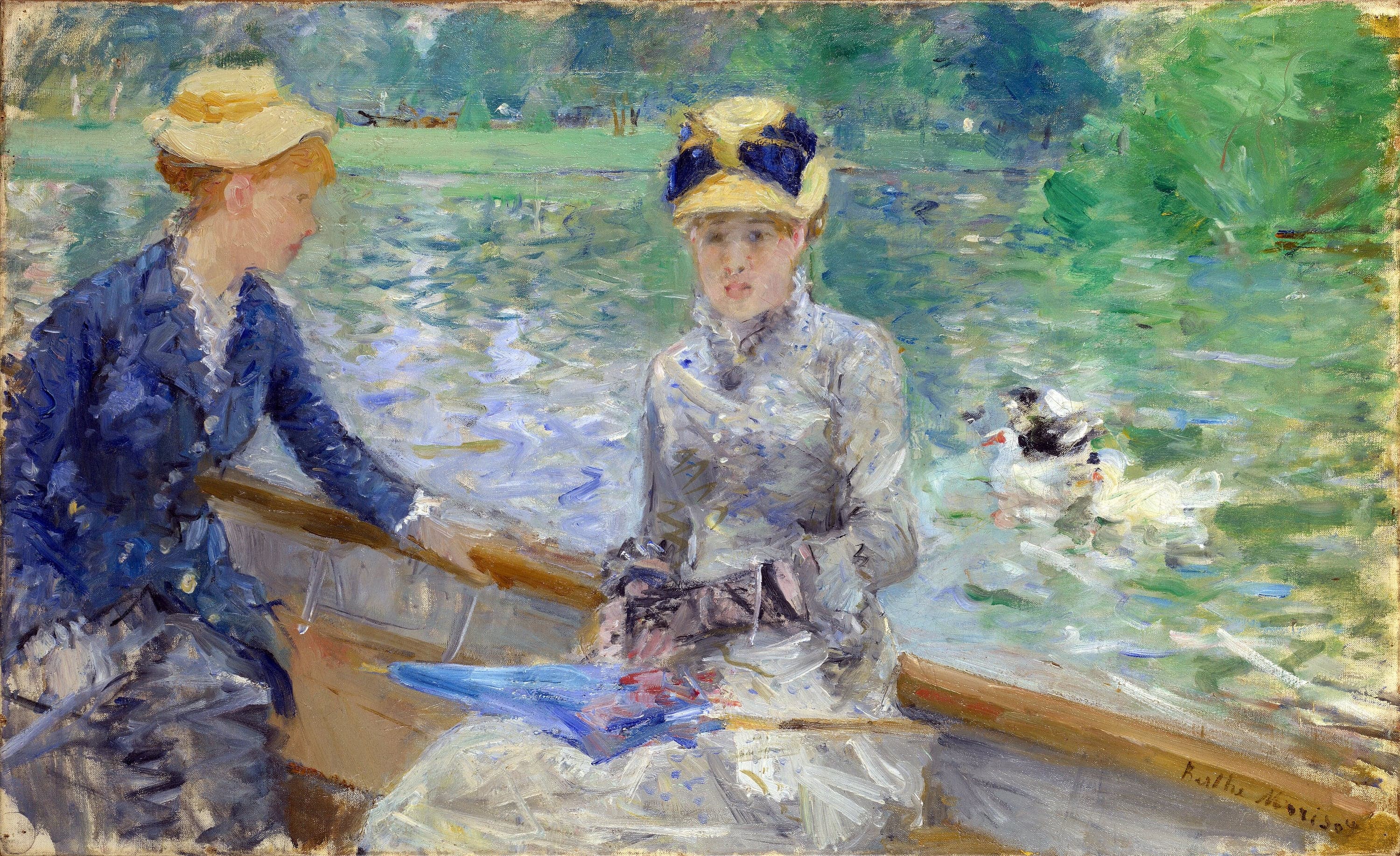 Berthe Morisot's Summer's Day: two women in straw hats sit in the stern of a rowing boat on a green-blue lake, one in a dark blue jacket looking down, one in gray-white facing the viewer, with three ducks on the water at the right