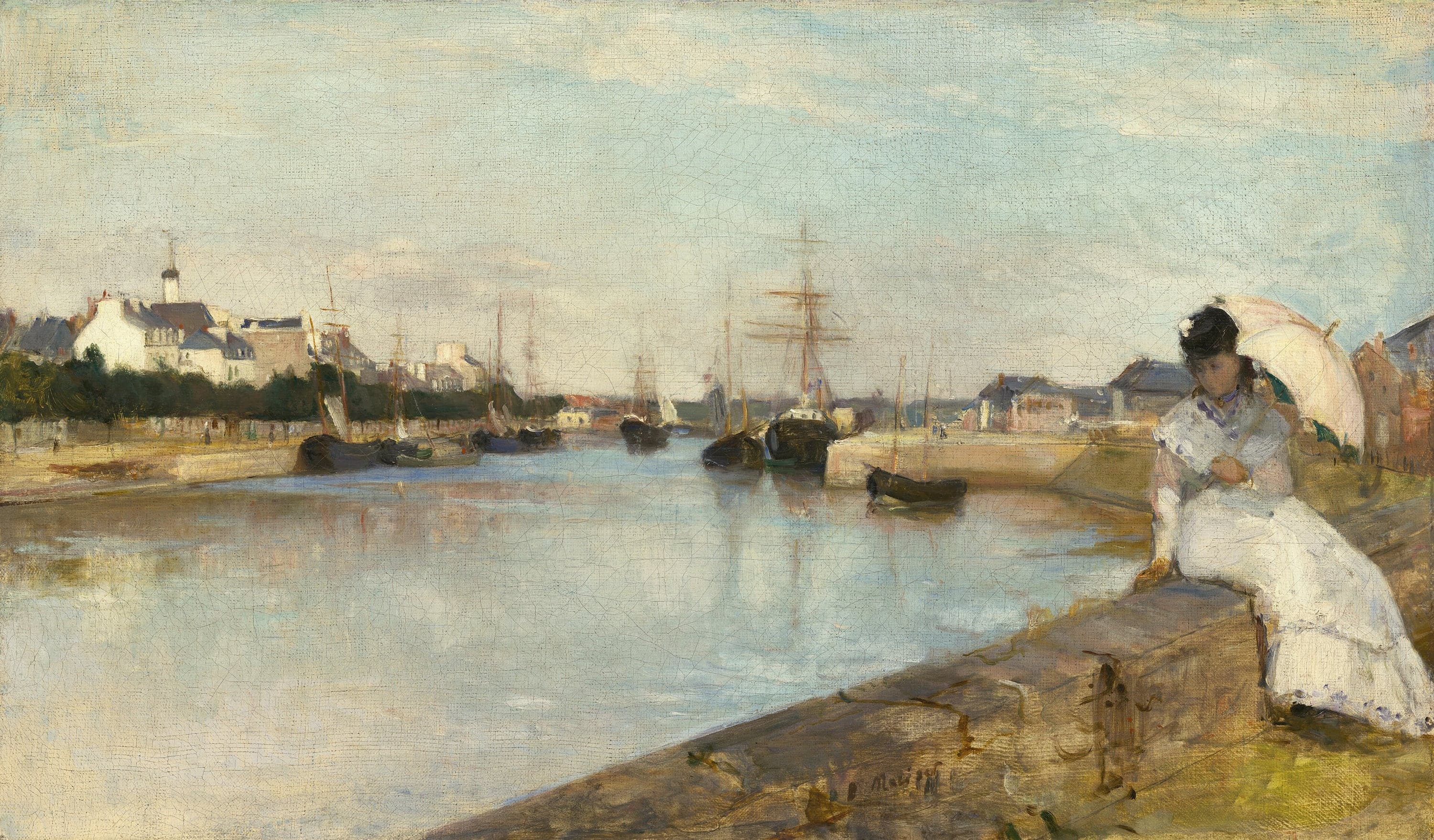 Berthe Morisot's The Harbor at Lorient: a wide pale harbor under a high sky, a young woman in white with a pink parasol seated on a stone parapet at the right, dark-hulled ships moored along the far quay below a row of cream houses