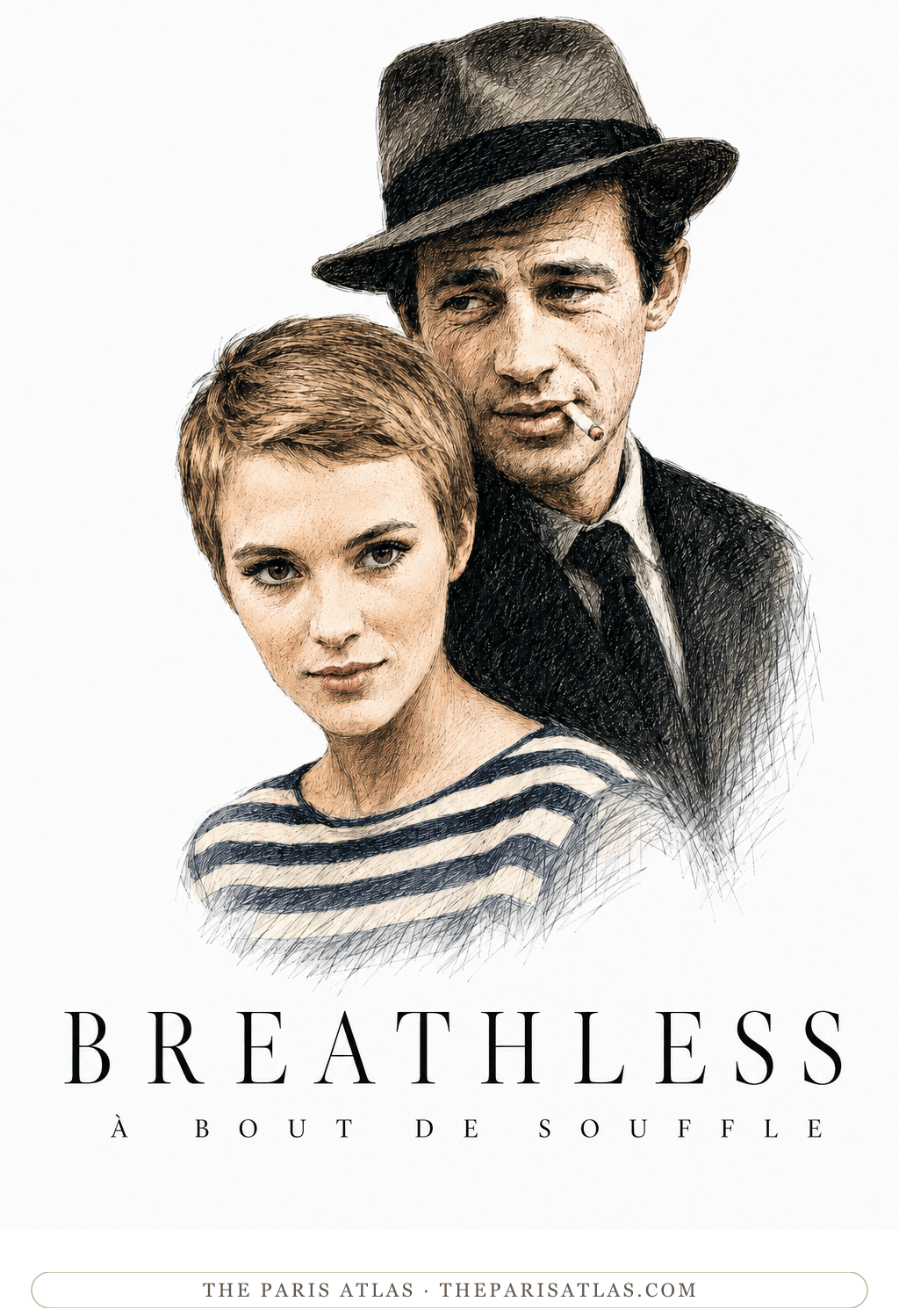 House poster illustration for Breathless: pen-and-ink portraits of Jean Seberg in a striped shirt and Jean-Paul Belmondo in a fedora with a cigarette, hand-colored, above the title in French and English