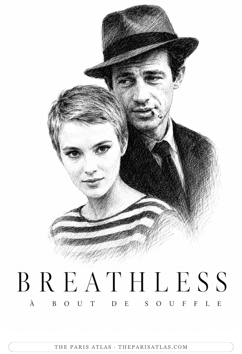 Pen-and-ink house poster for Breathless: Jean Seberg in a striped shirt and Jean-Paul Belmondo in a fedora, above the title in English and French