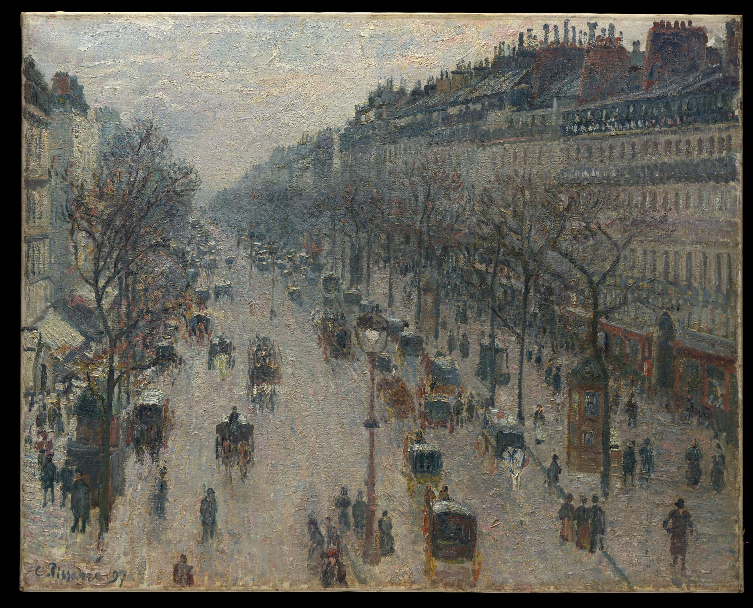 Camille Pissarro's The Boulevard Montmartre on a Winter Morning: a wide Paris boulevard seen from a fourth-floor window, running away into grey mist, bare plane trees along both pavements, horse omnibuses and cabs on a damp mauve road, pale stone buildings and rows of chimney pots on the right under a flat white sky
