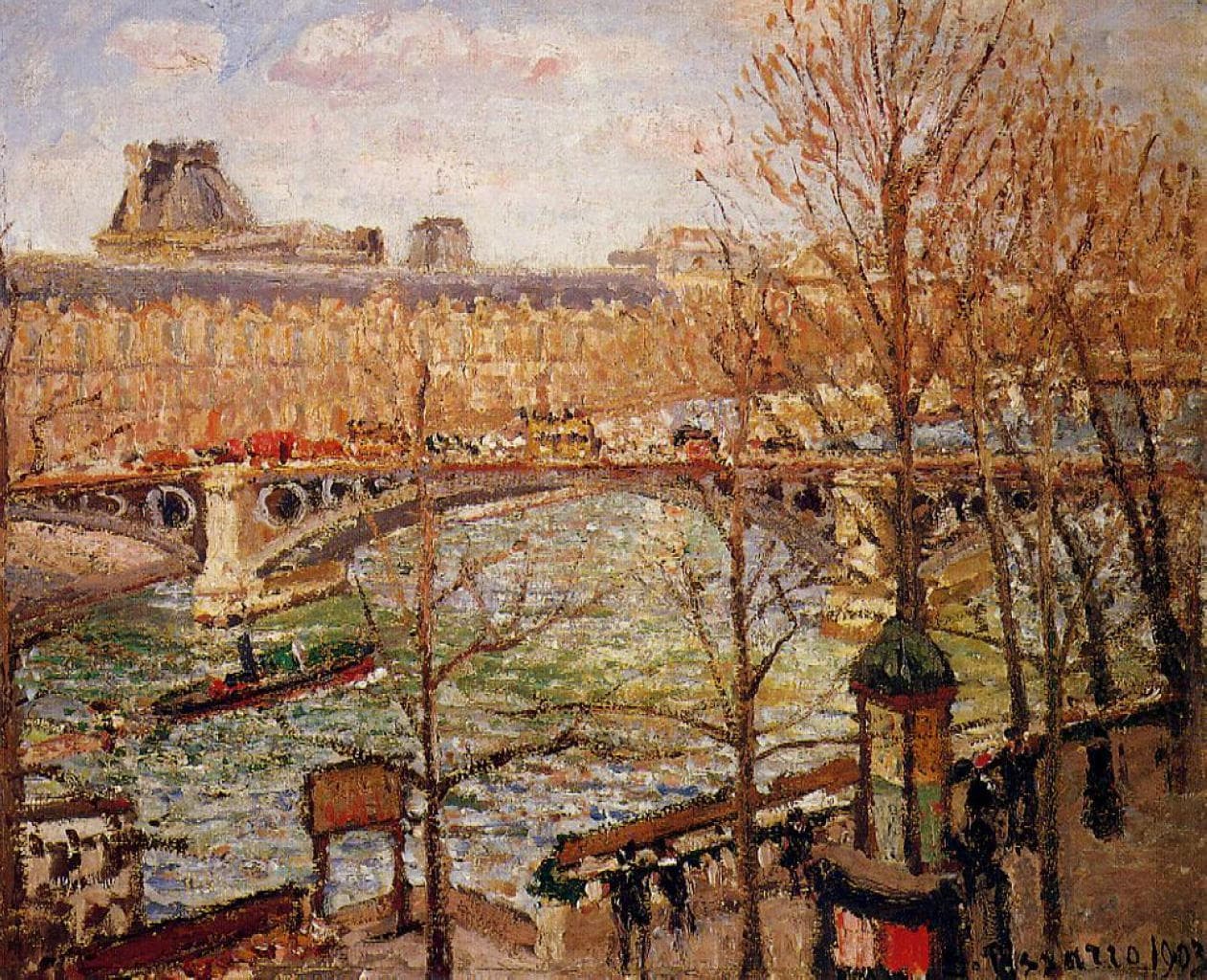Camille Pissarro's 1903 painting of the Pont du Carrousel seen from above through bare winter trees, the long Louvre facade running across the far bank, a tug and barge on the green and white water below