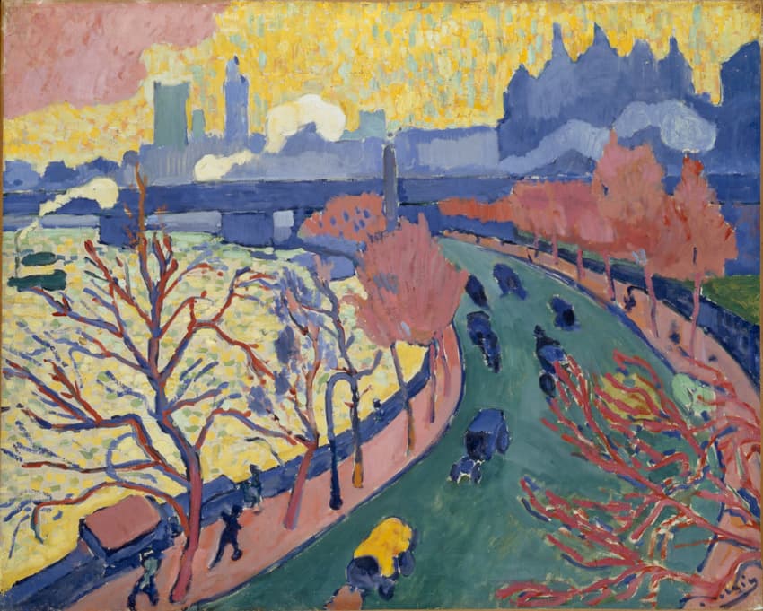 André Derain's Charing Cross Bridge: a curving London embankment, distorted traffic, river, bridge, and distant towers are transformed into flat bands and broken strokes of red, orange, green, blue, and violet